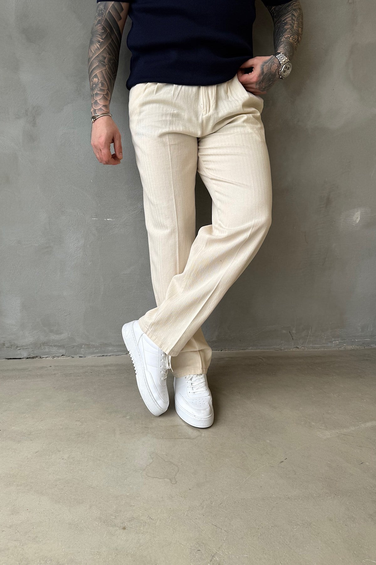 Bej Keten Baggy Pantolon 