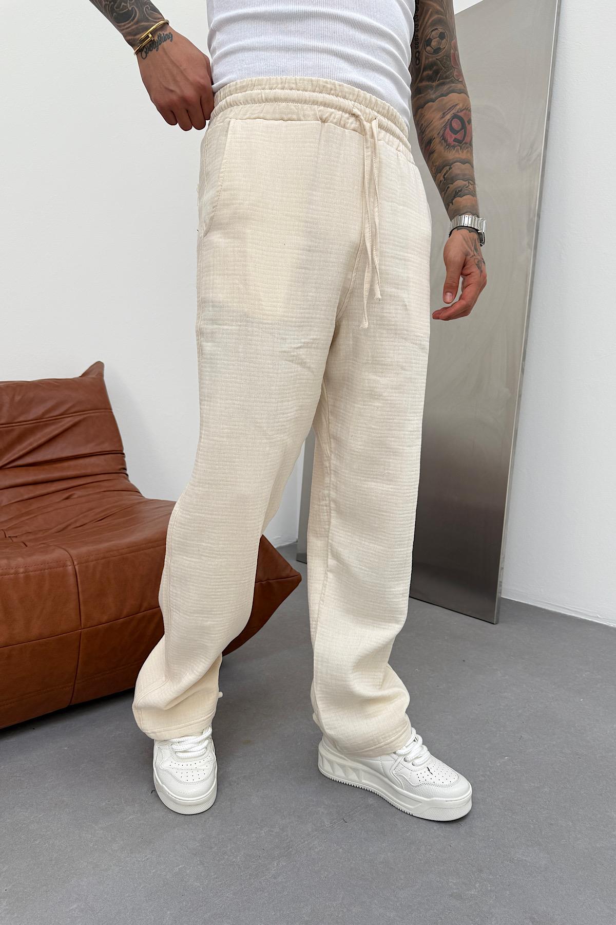 Bej Müslin Baggy Kalıp Pantolon 