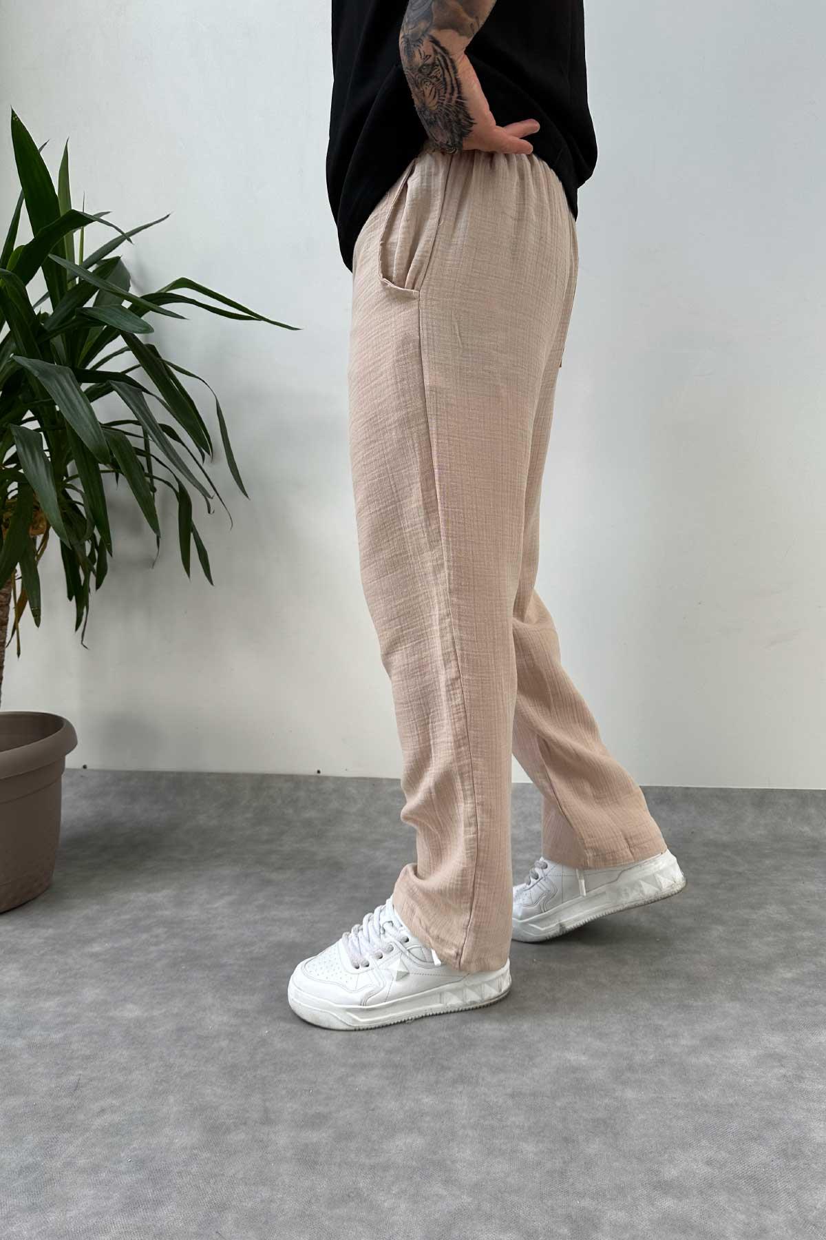 Bej Müslin Kumaş Baggy Pantolon