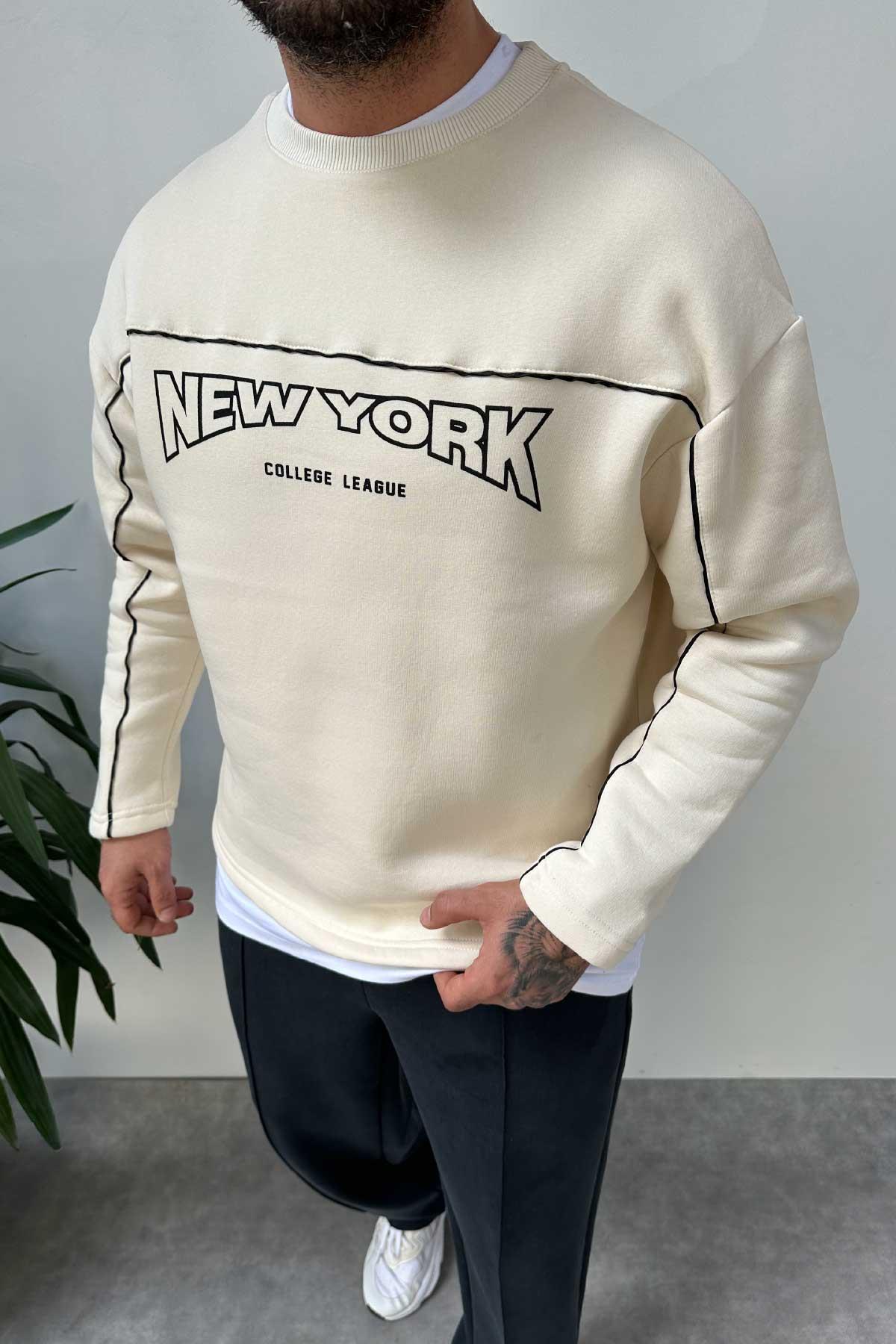Bej New York Baskılı Sweatshirt