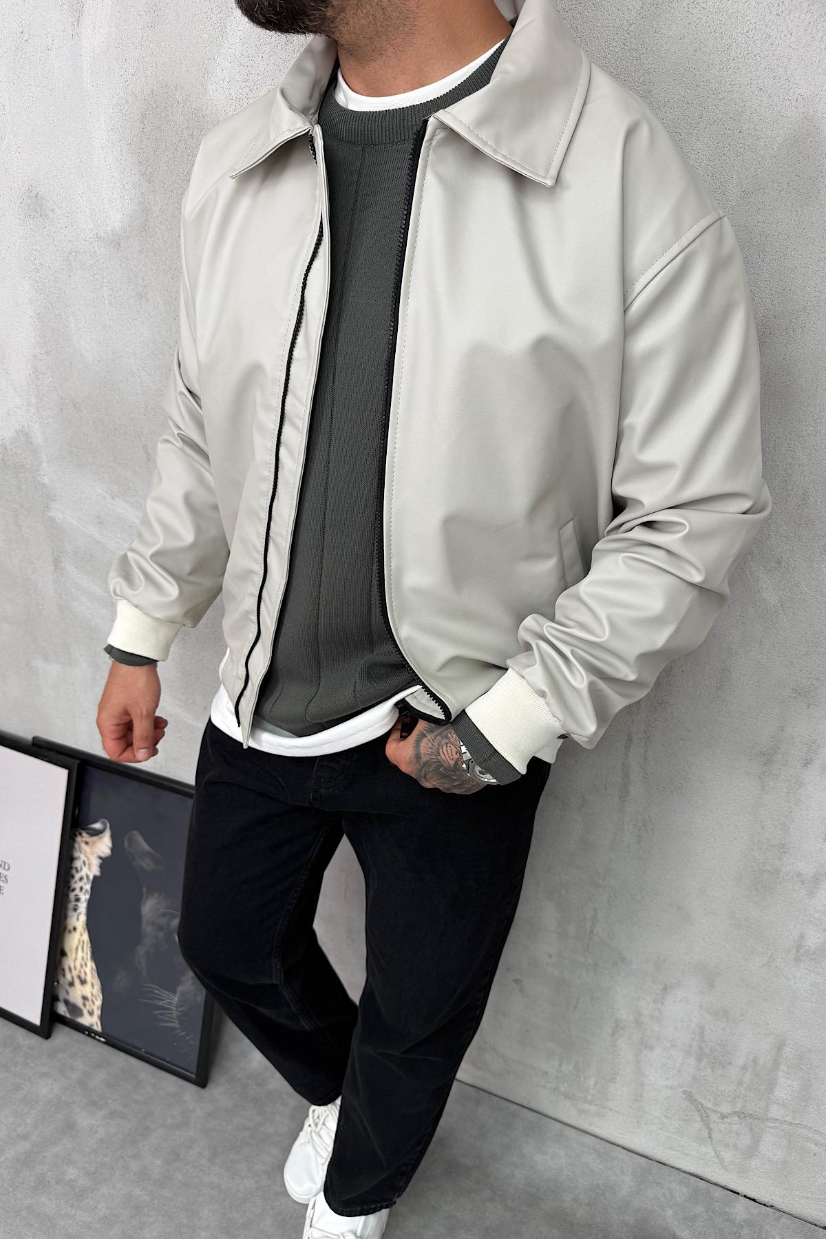 Bej Normal Kalıp Deri ceket 