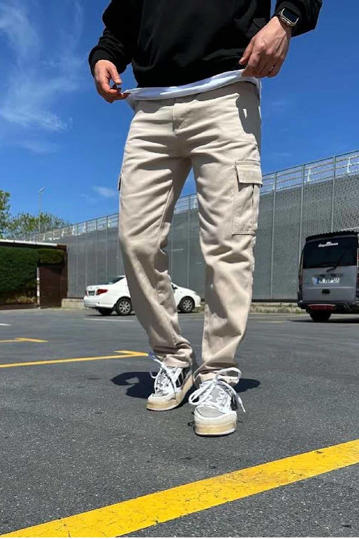 Bej Normal Kalıp Kargo Pantolon