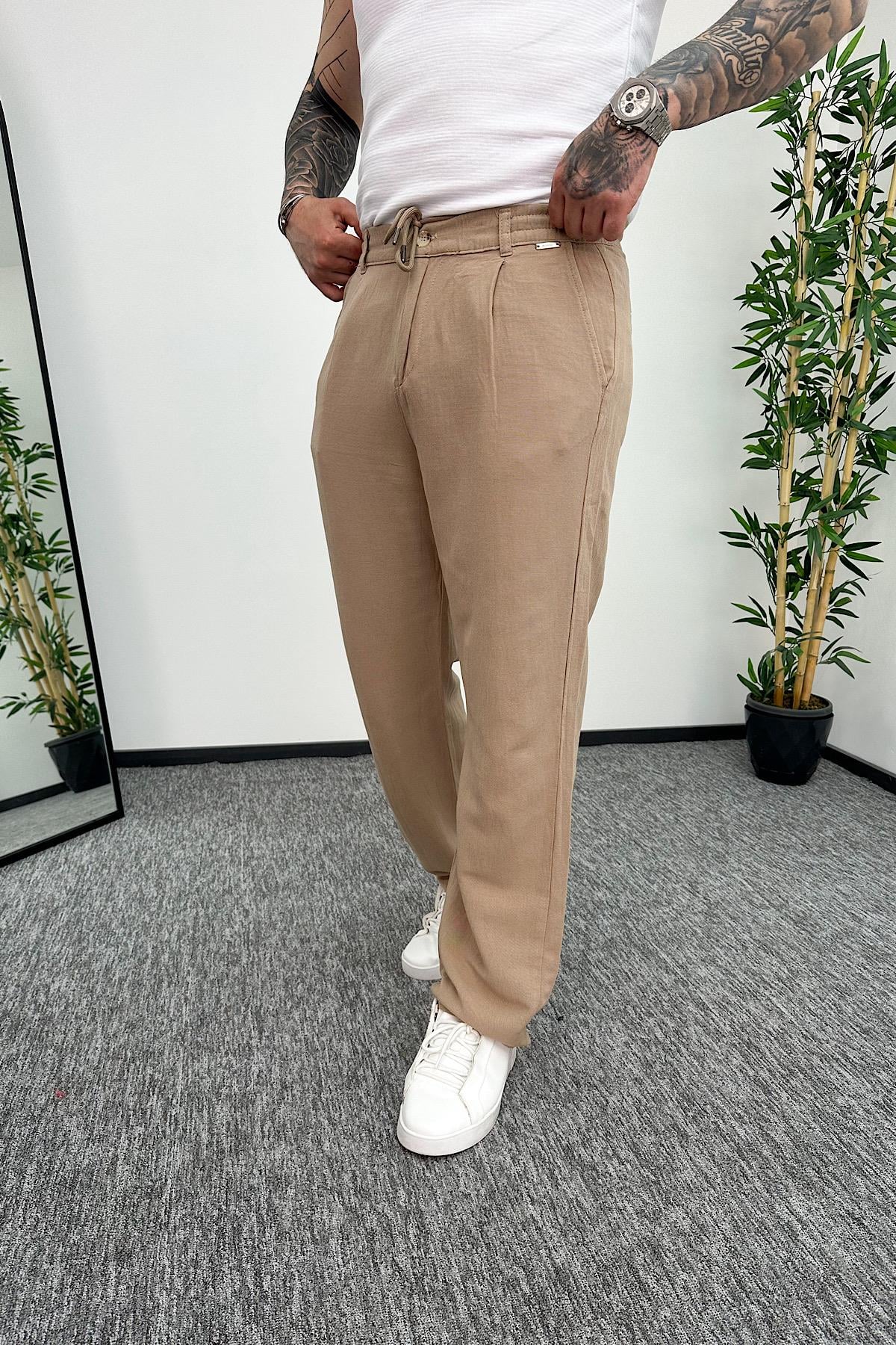 Bej Regular Kalıp Keten Pantolon