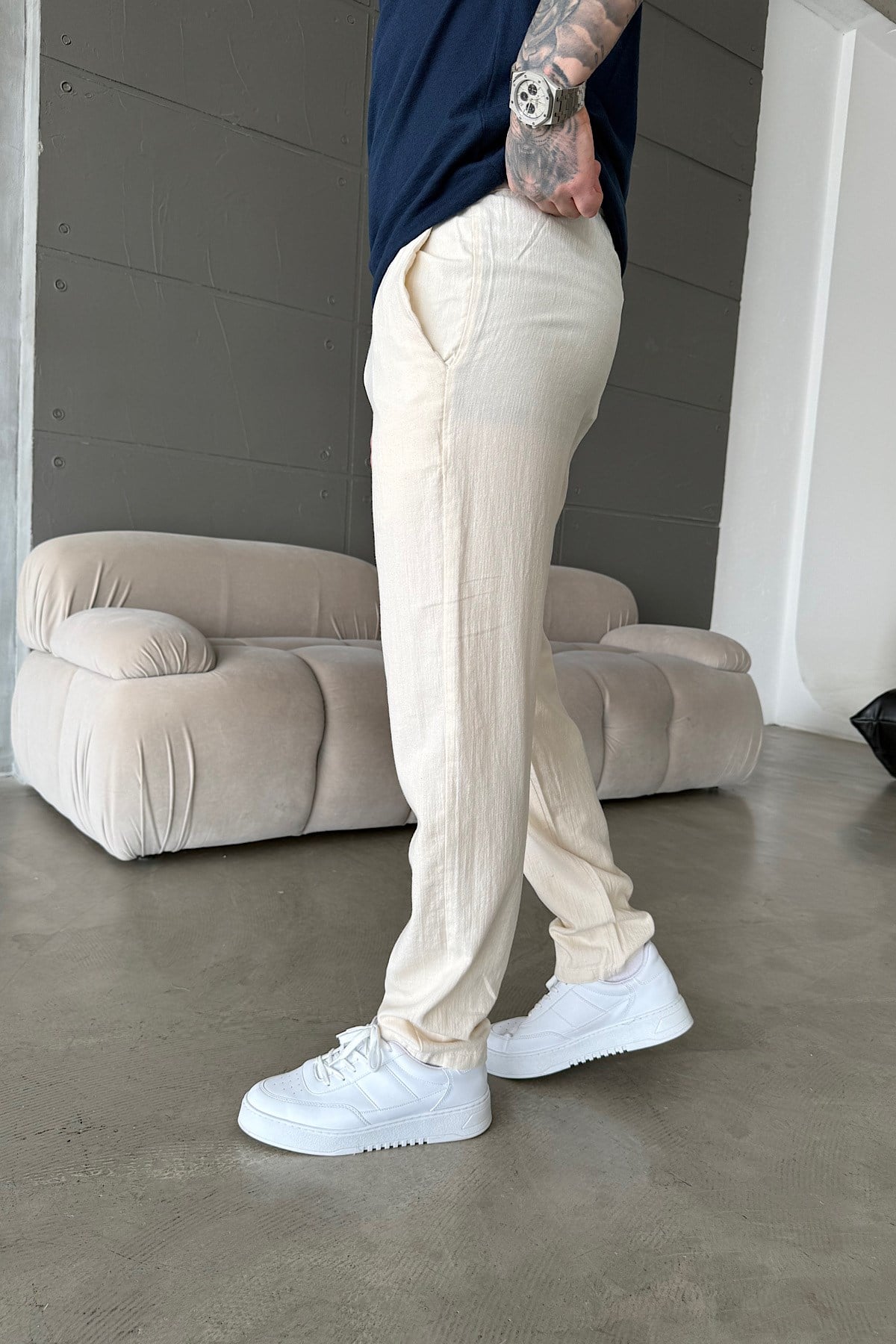 Bej Regular Kesim Keten Pantolon