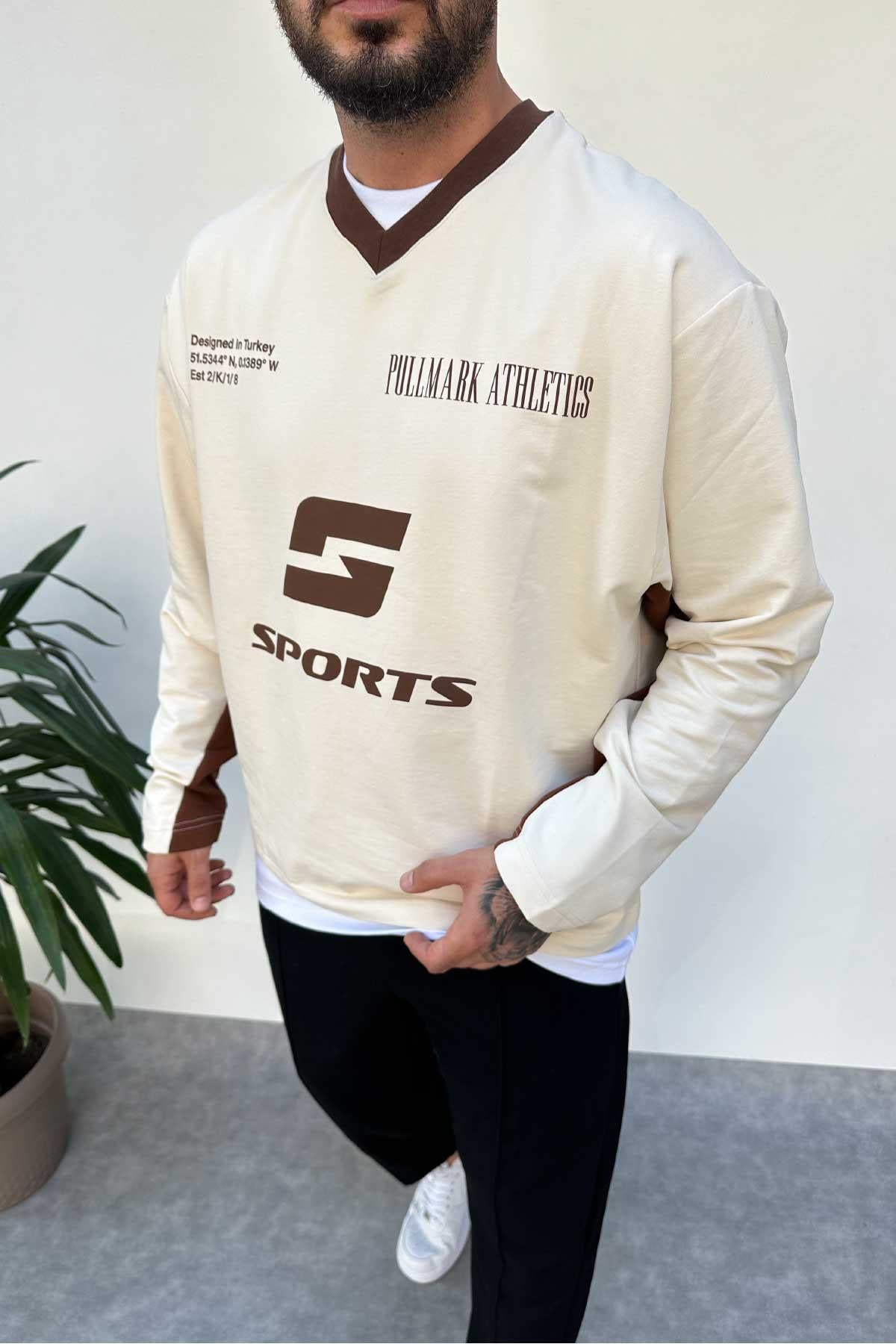 Bej Sport Baskılı Box Fit Sweatshirt