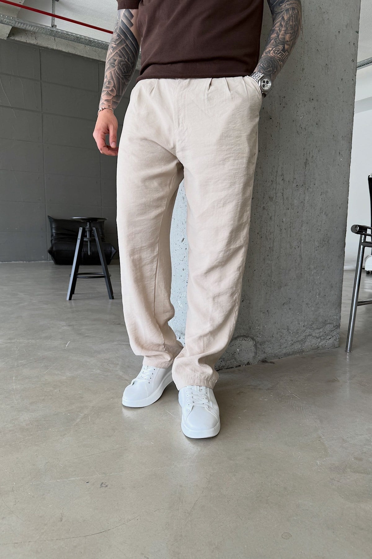 Bej Tensel Baggy Pantolon 