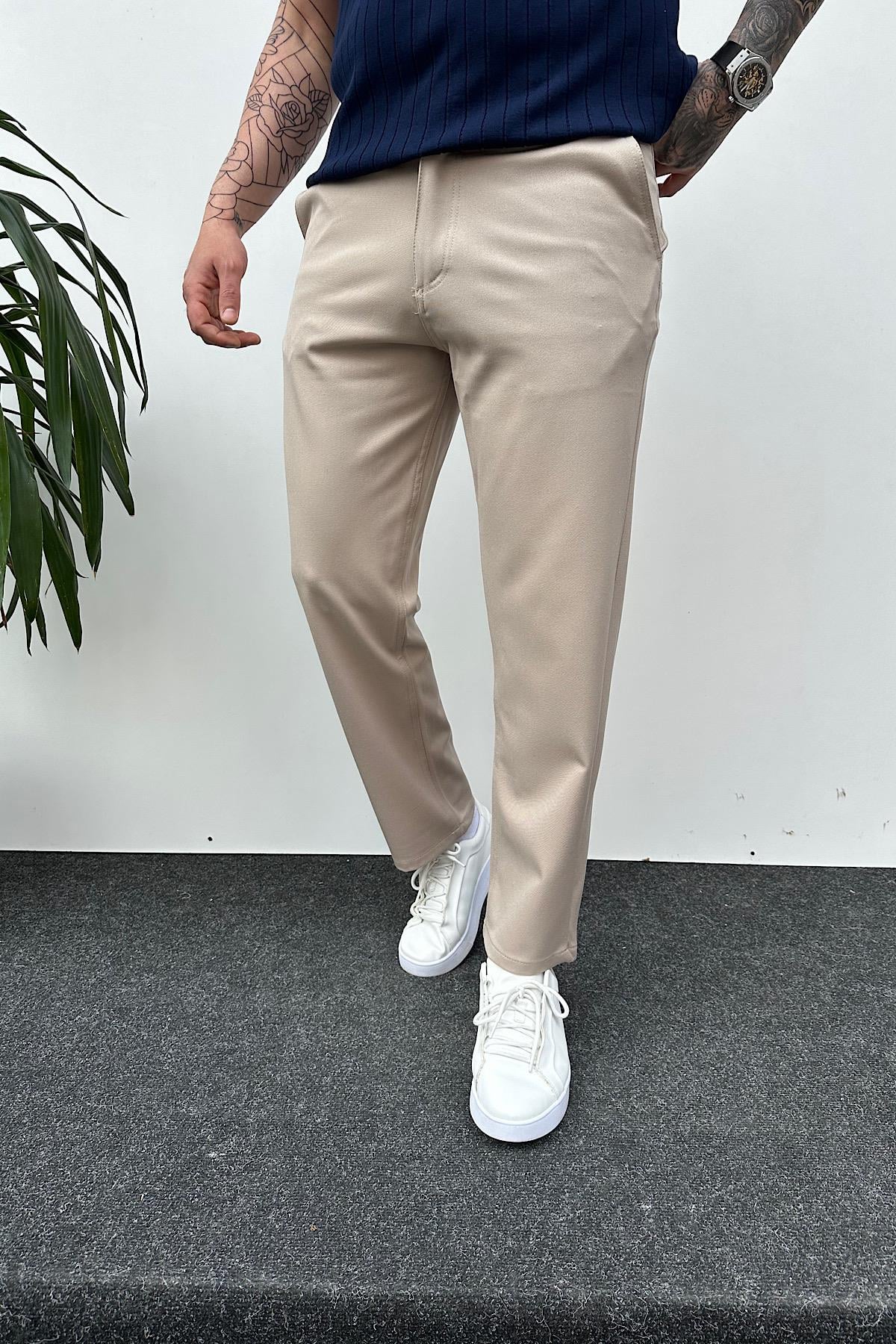 Bej Tok Kumaş Regular Kalıp Boyfriend Pantolon