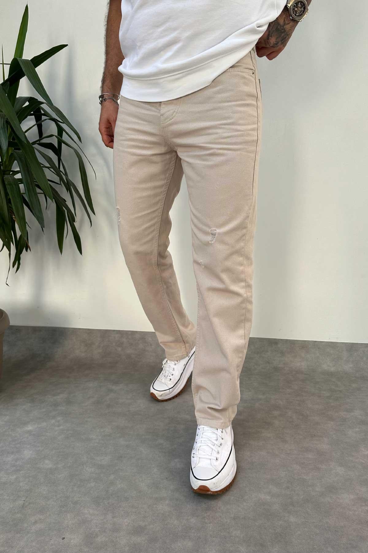 Bej Yırtık Detaylı Baggy Pantolon