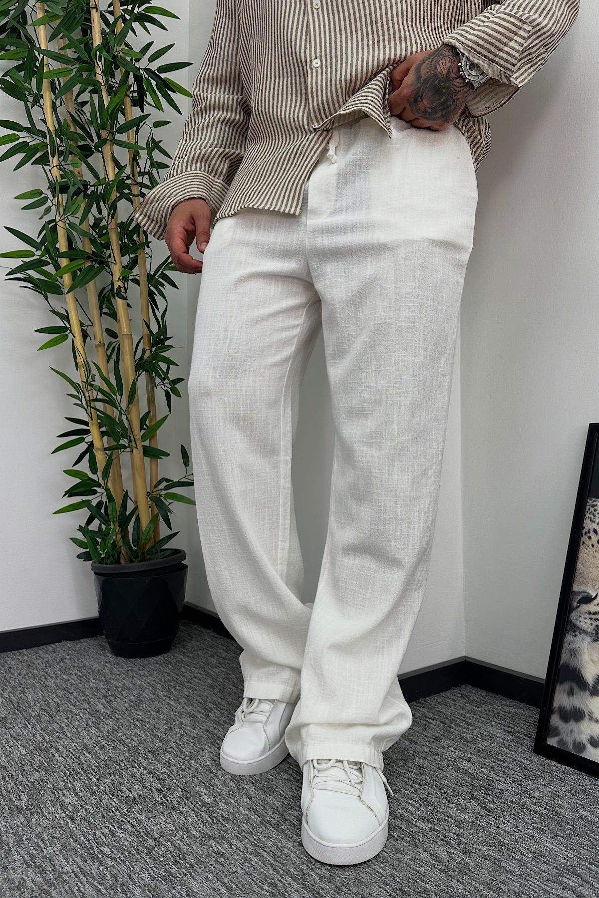 Beyaz Baggy Keten Pantolon