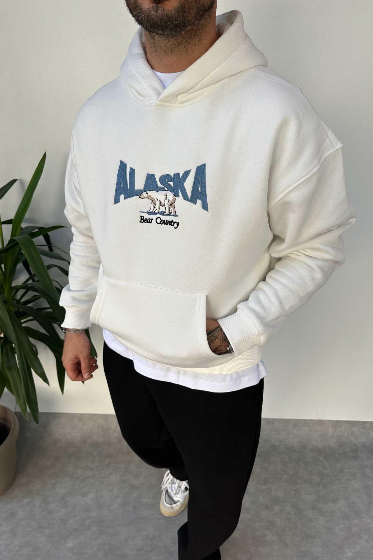 Beyaz Baskılı Kapşonlu Sweatshirt