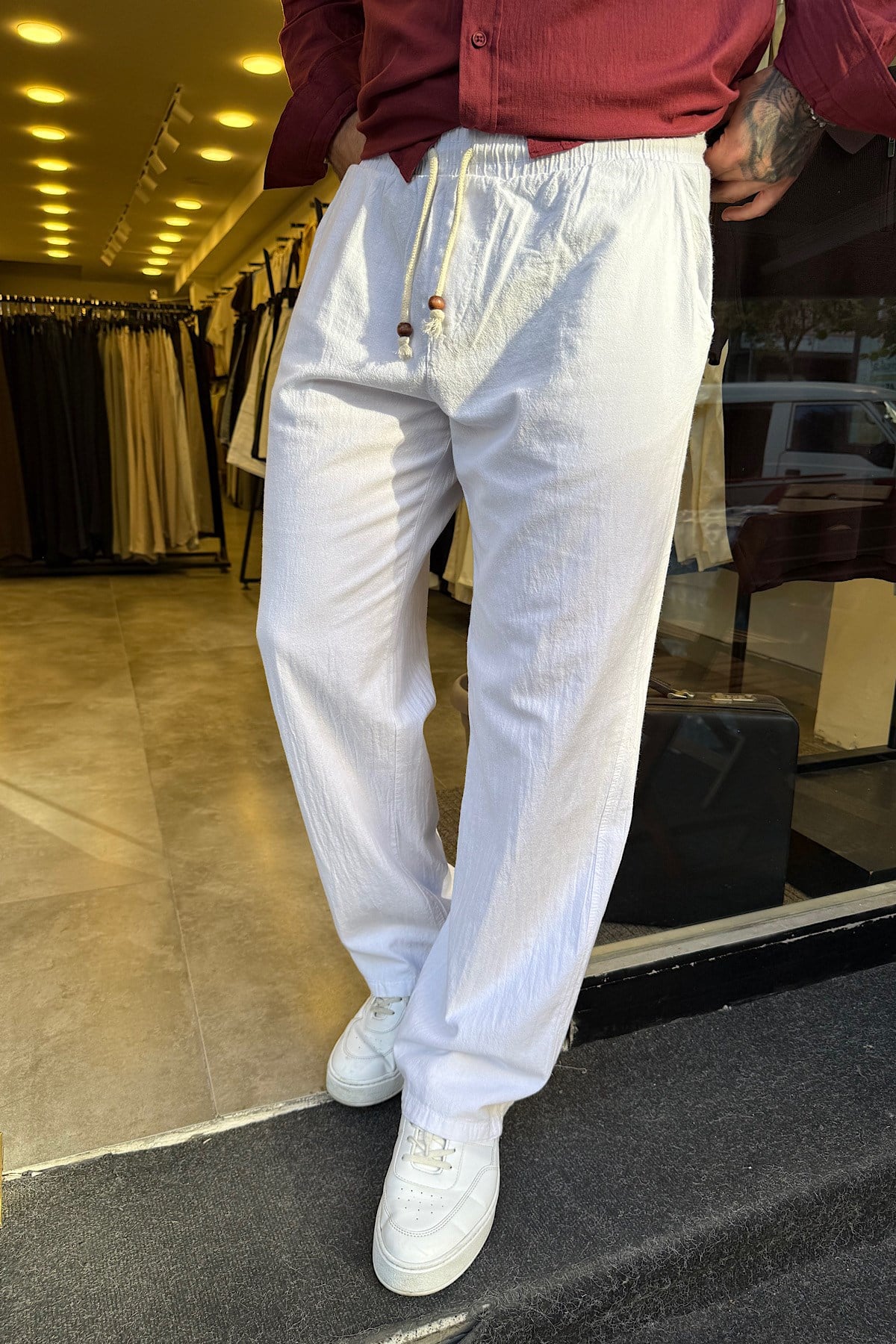 Beyaz Beli İpli Baggy Keten Pantolon 