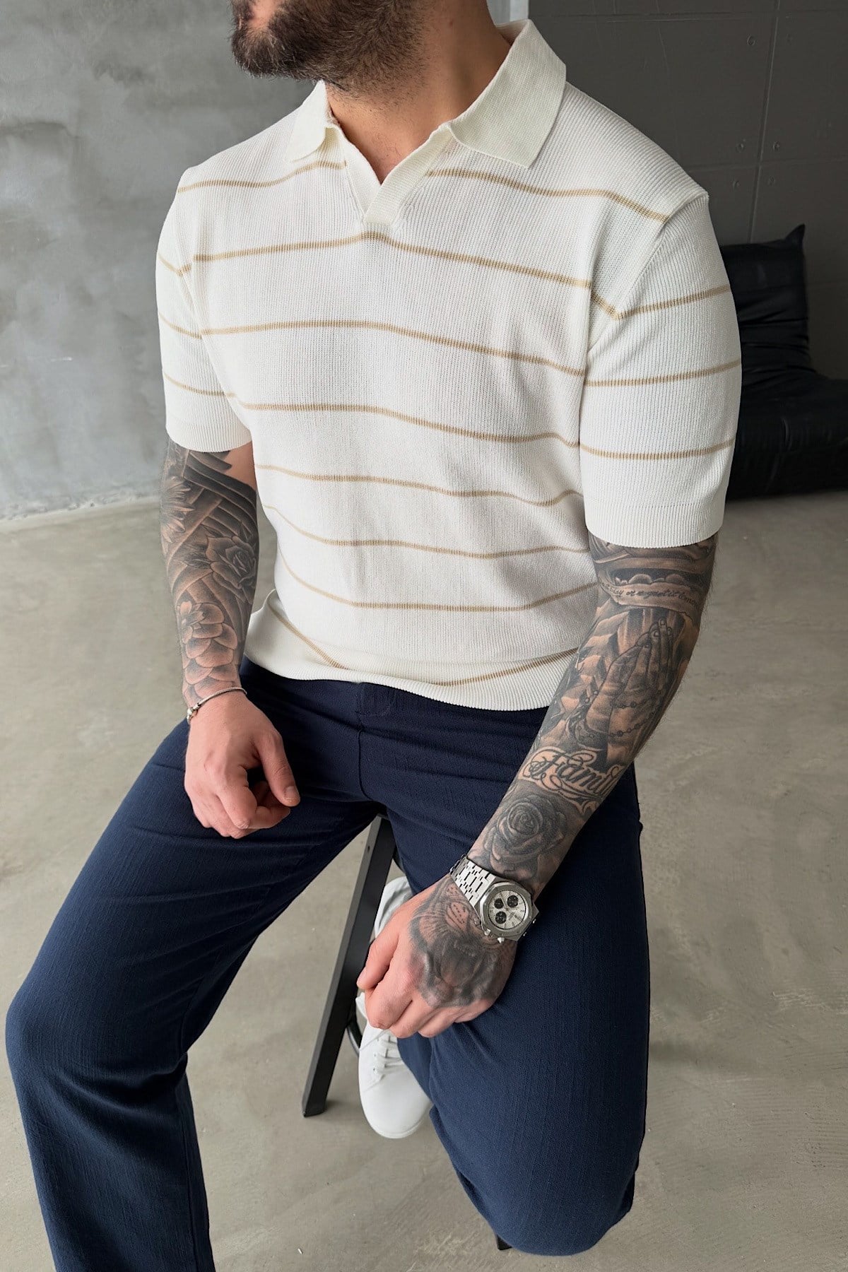 Beyaz Çizgili Polo Yaka Triko T-Shirt