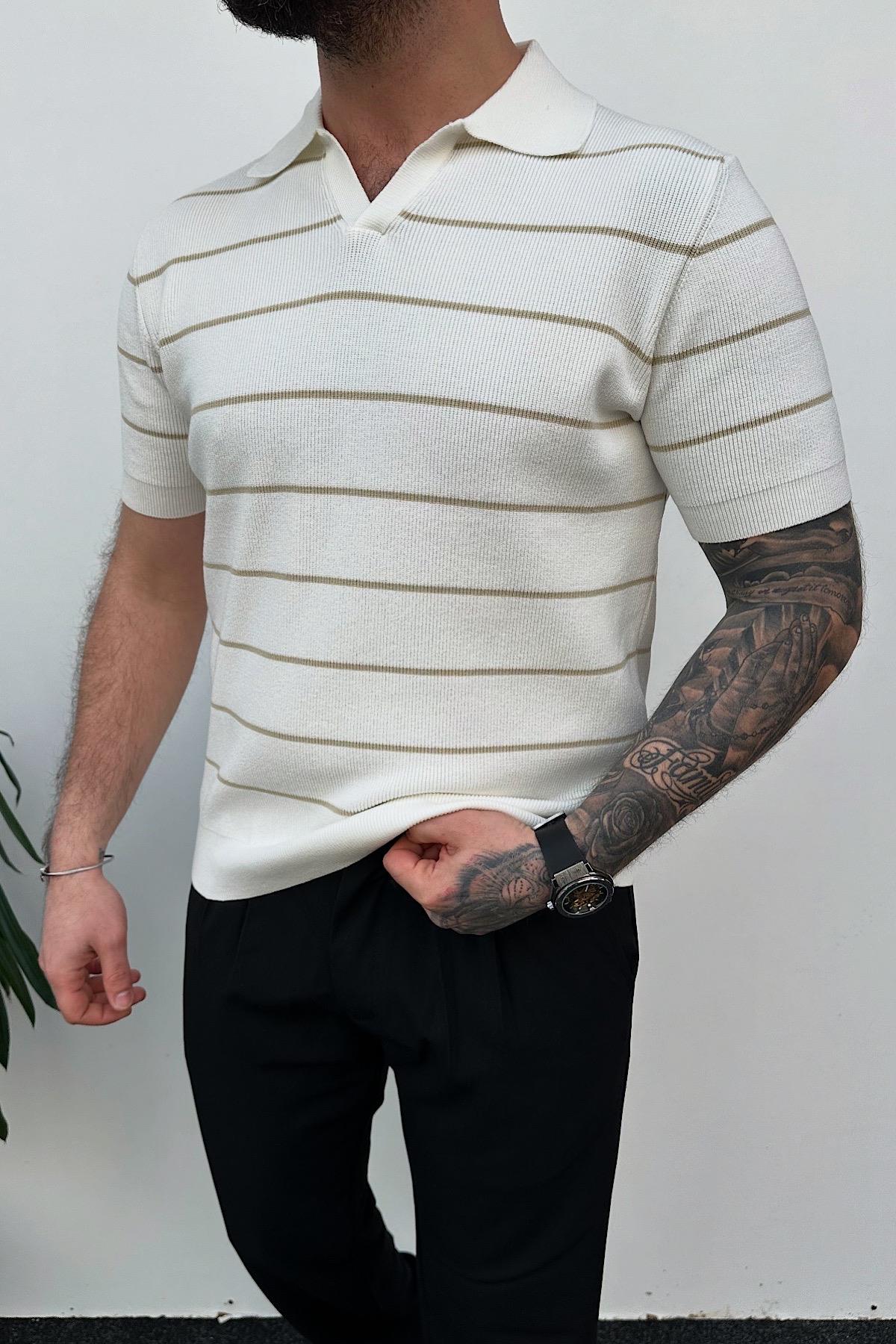 Beyaz Çizgili Polo Yaka Tshirt