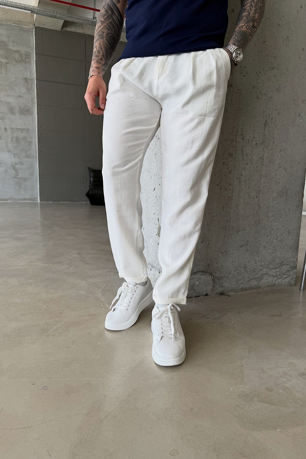 Beyaz Duble Paça Tensel Kumaş Boyfriend Pantolon