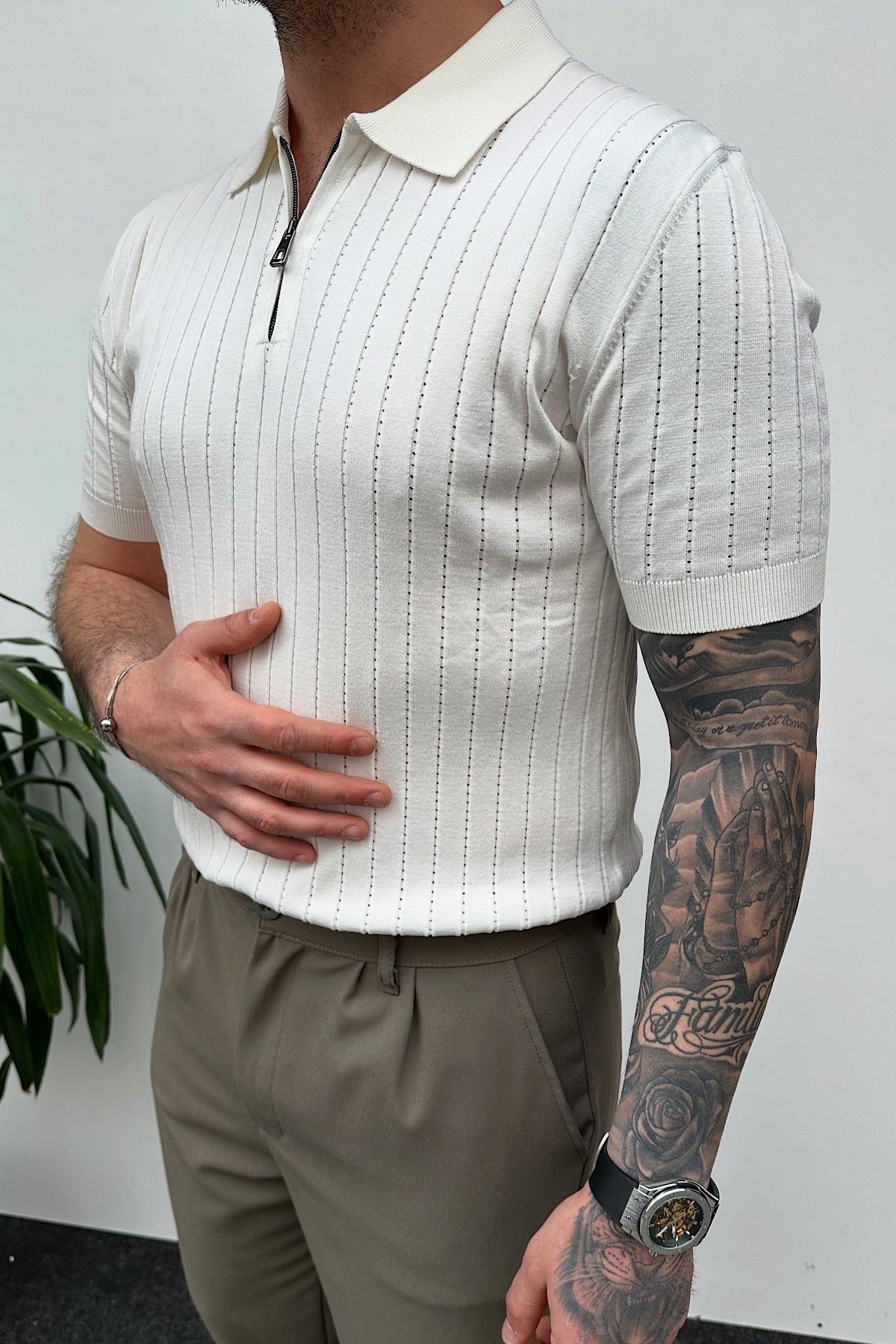 Beyaz Fitilli Polo Yaka T-Shirt