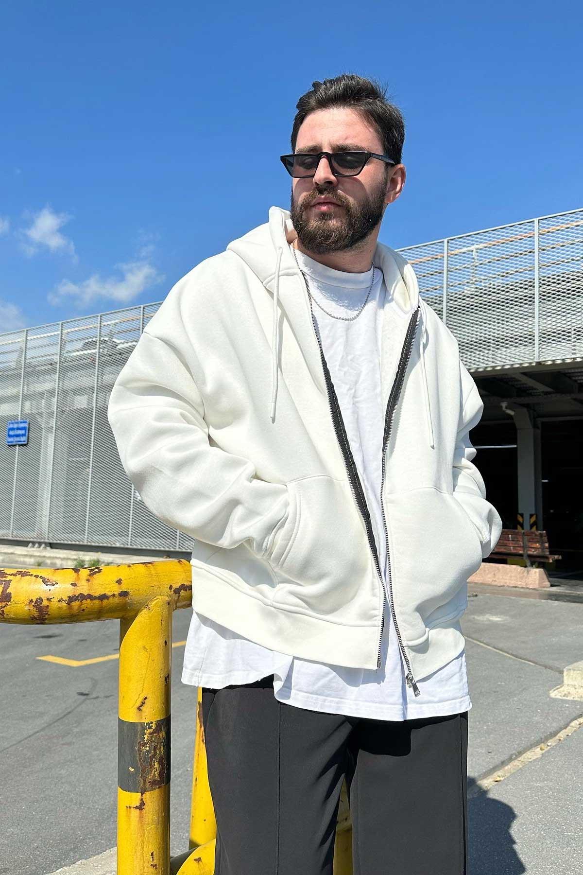 Beyaz Kapşonlu Fermuarlı Zip