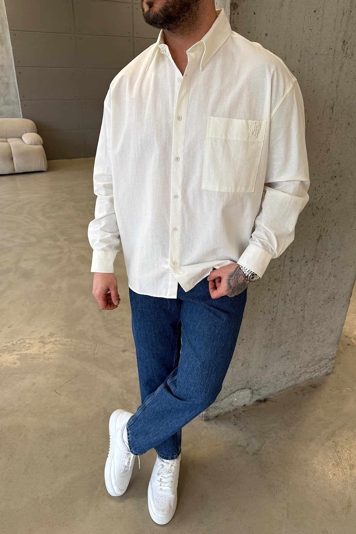 Beyaz Keten Oversize Gömlek