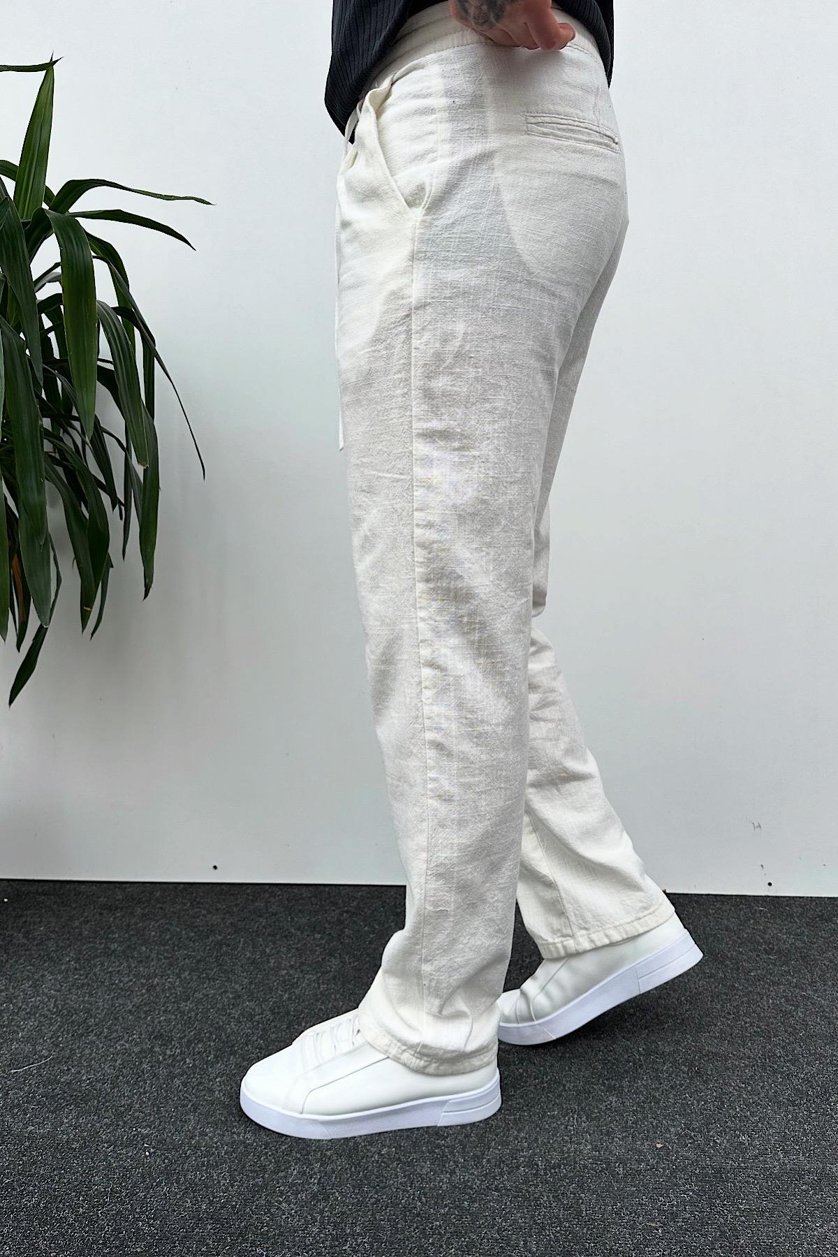 Beyaz Normal Kalıp Keten Pantolon