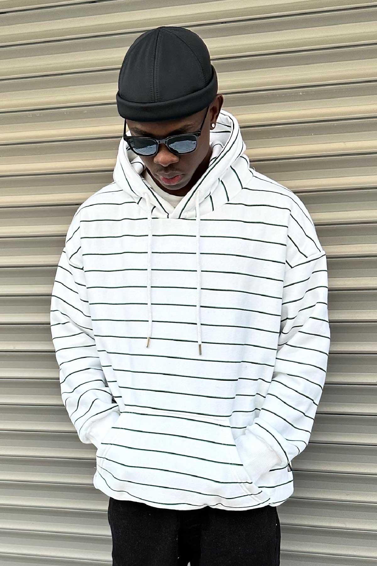 Beyaz Oversize Çizgili Sweatshirt 