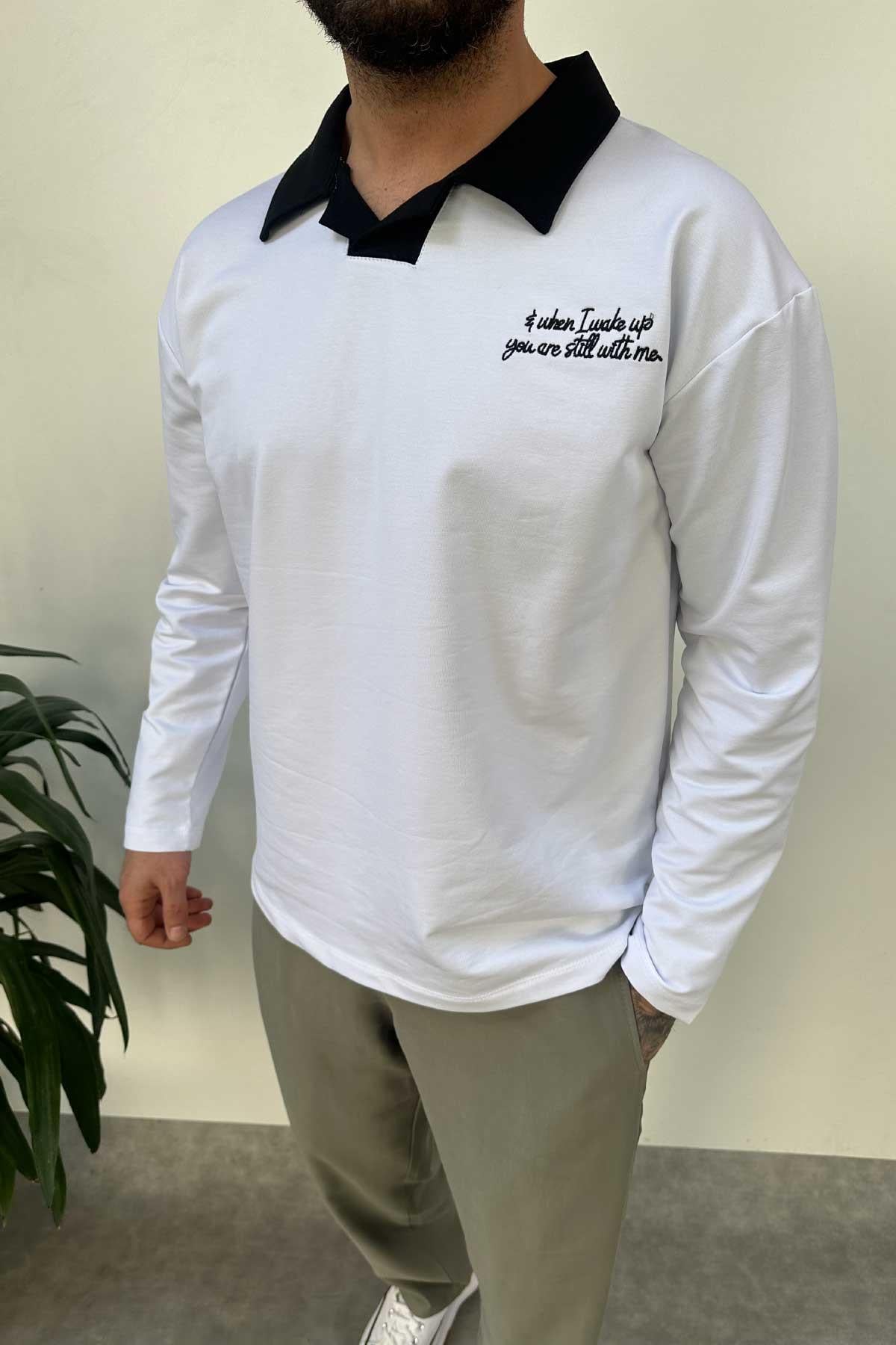 Beyaz Polo Yaka Oversize Sweatshirt