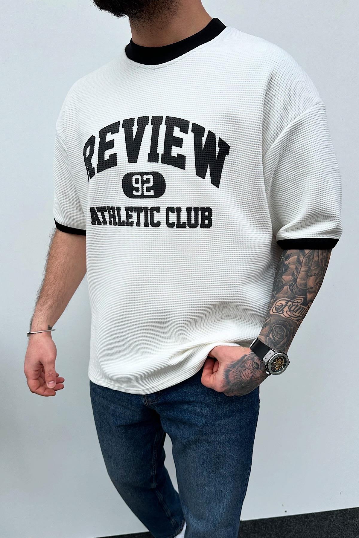 Beyaz Review Tok Kumaş T-Shirt