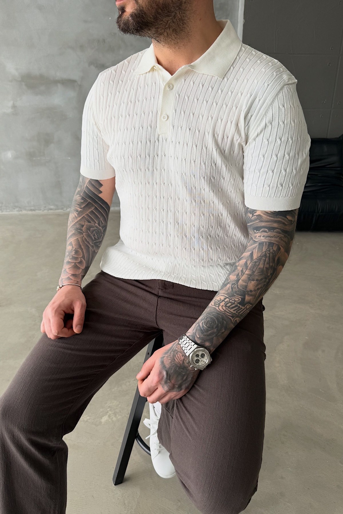 Beyaz Saç Örgü Polo Yaka T-Shirt