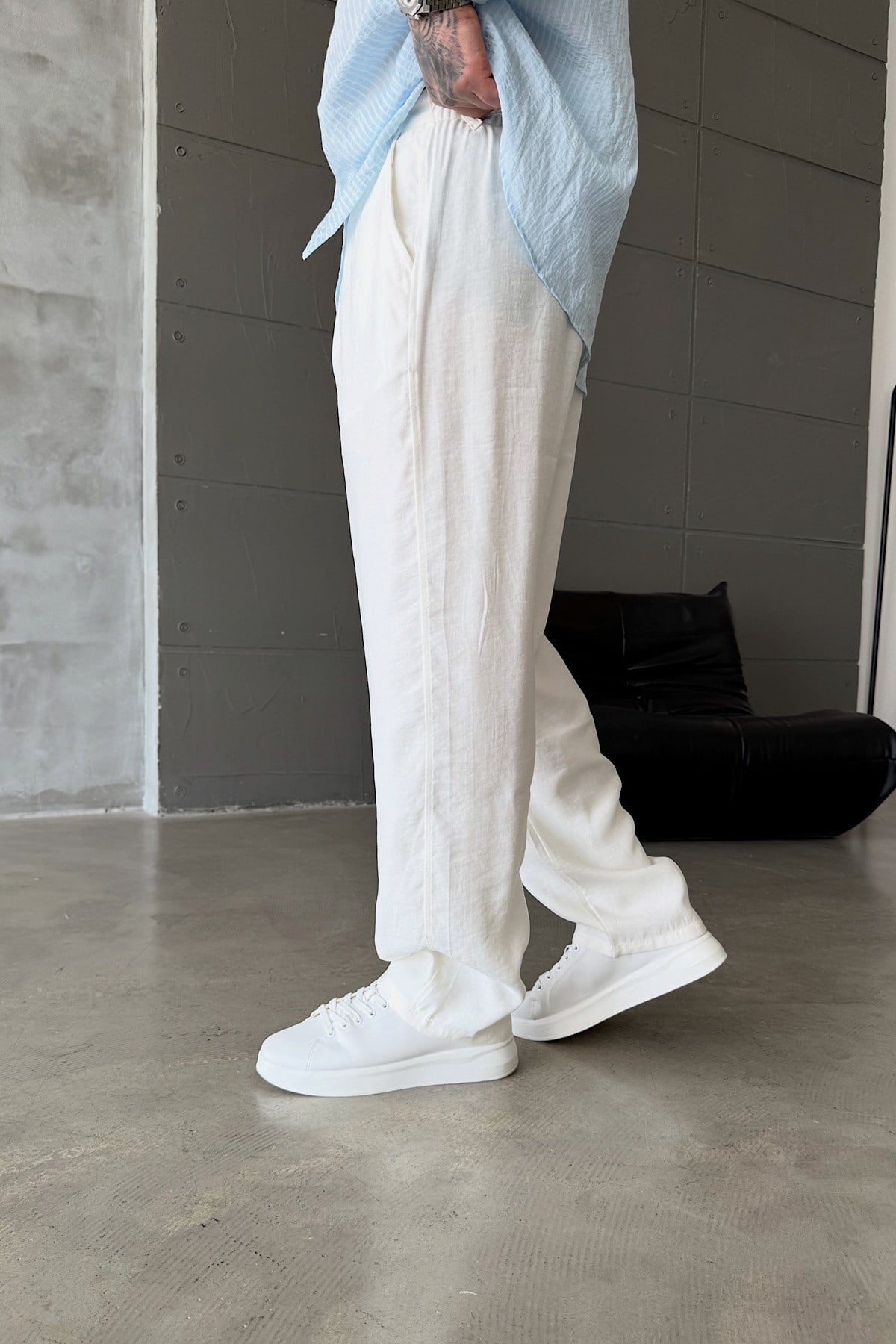 Beyaz Tensel Baggy Pantolon 