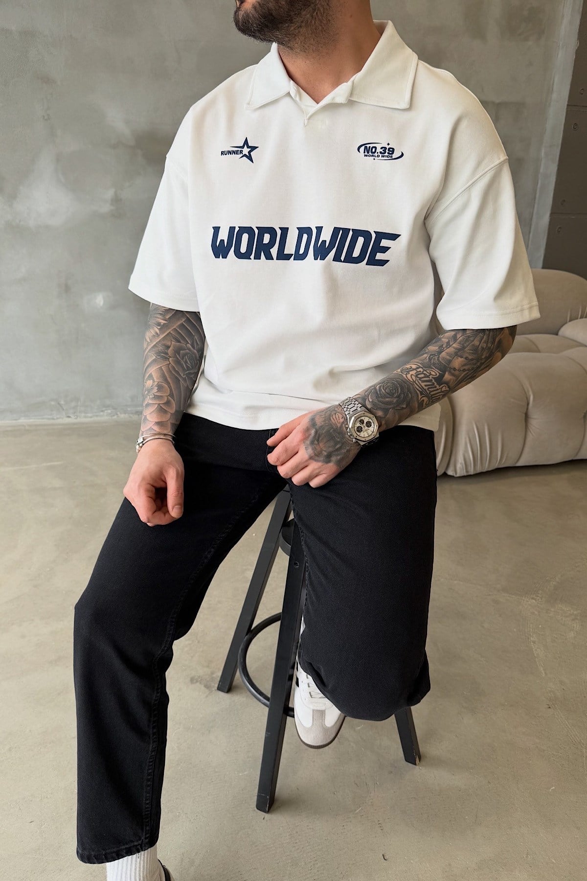 Beyaz Worldwide Polo Yaka T-Shirt