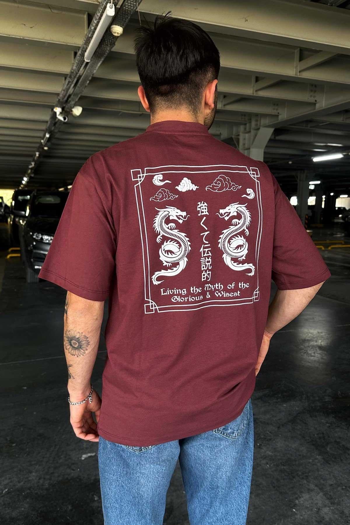 Bol Kalıp Bordo Baskılı T-Shirt
