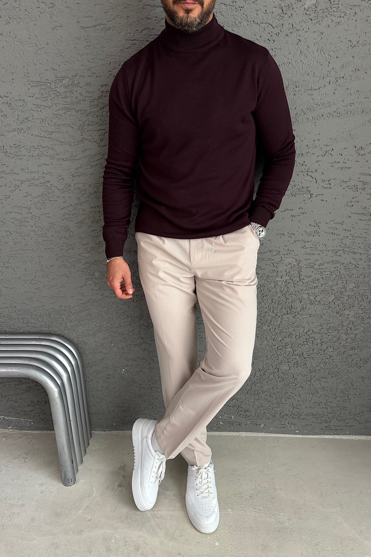 Bordo Boğazlı Basic Triko Kazak