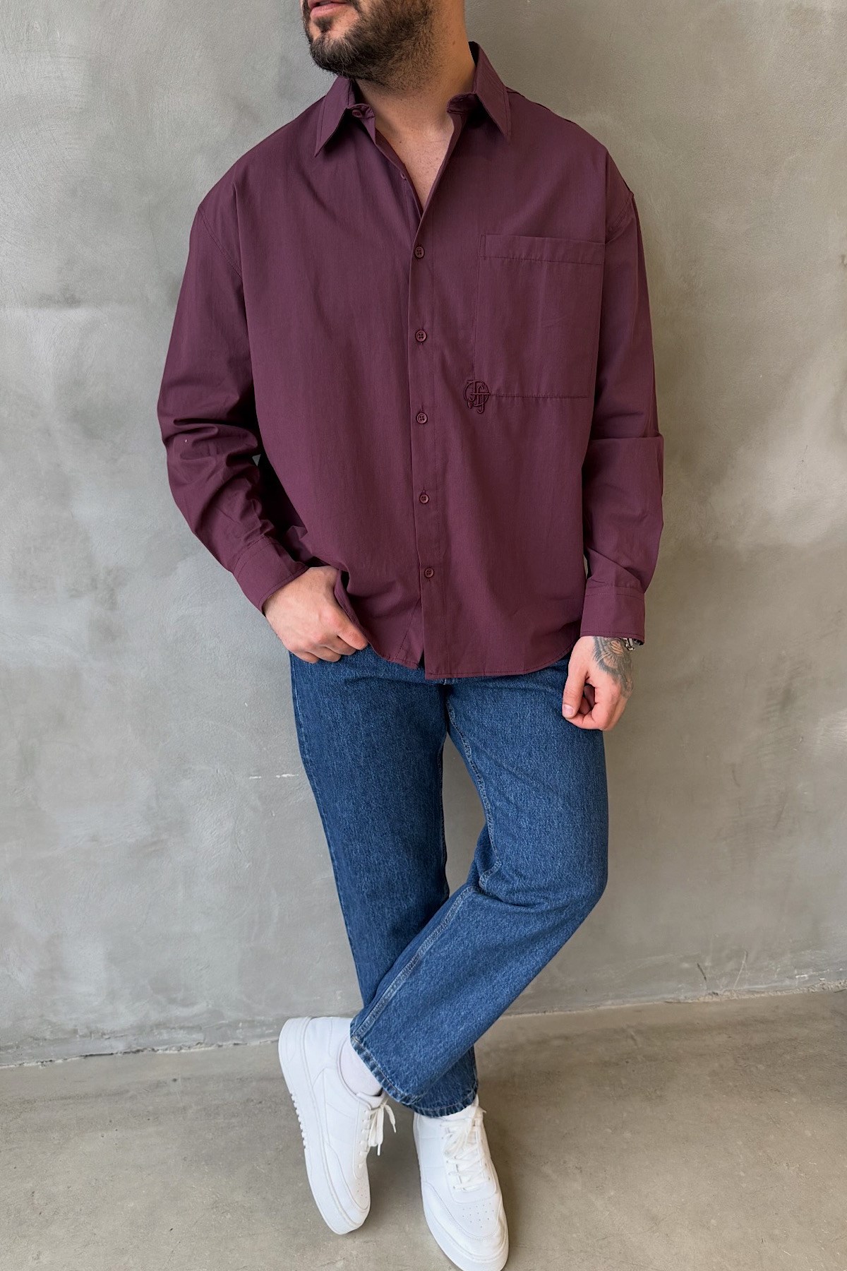 Bordo Keten Oversize Gömlek