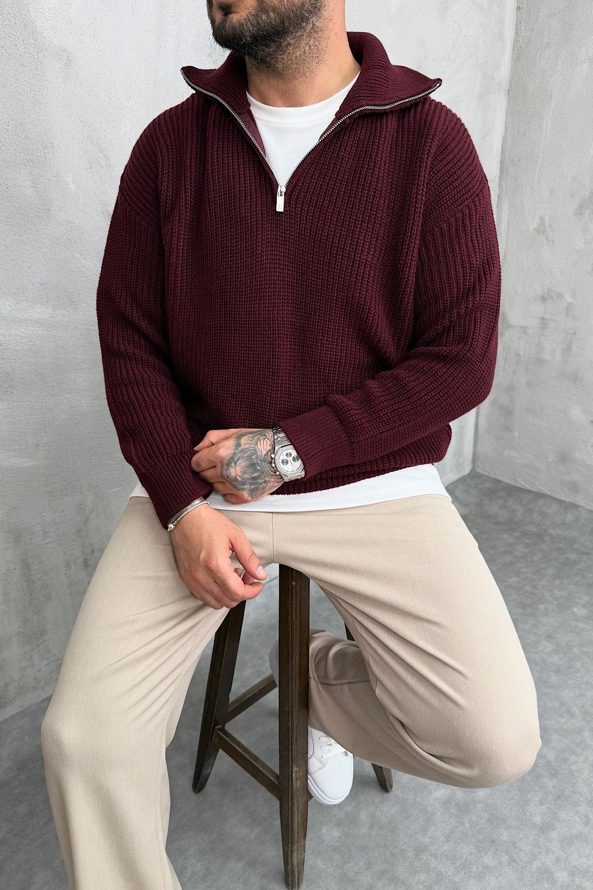 Bordo Yarım Fermuar Triko