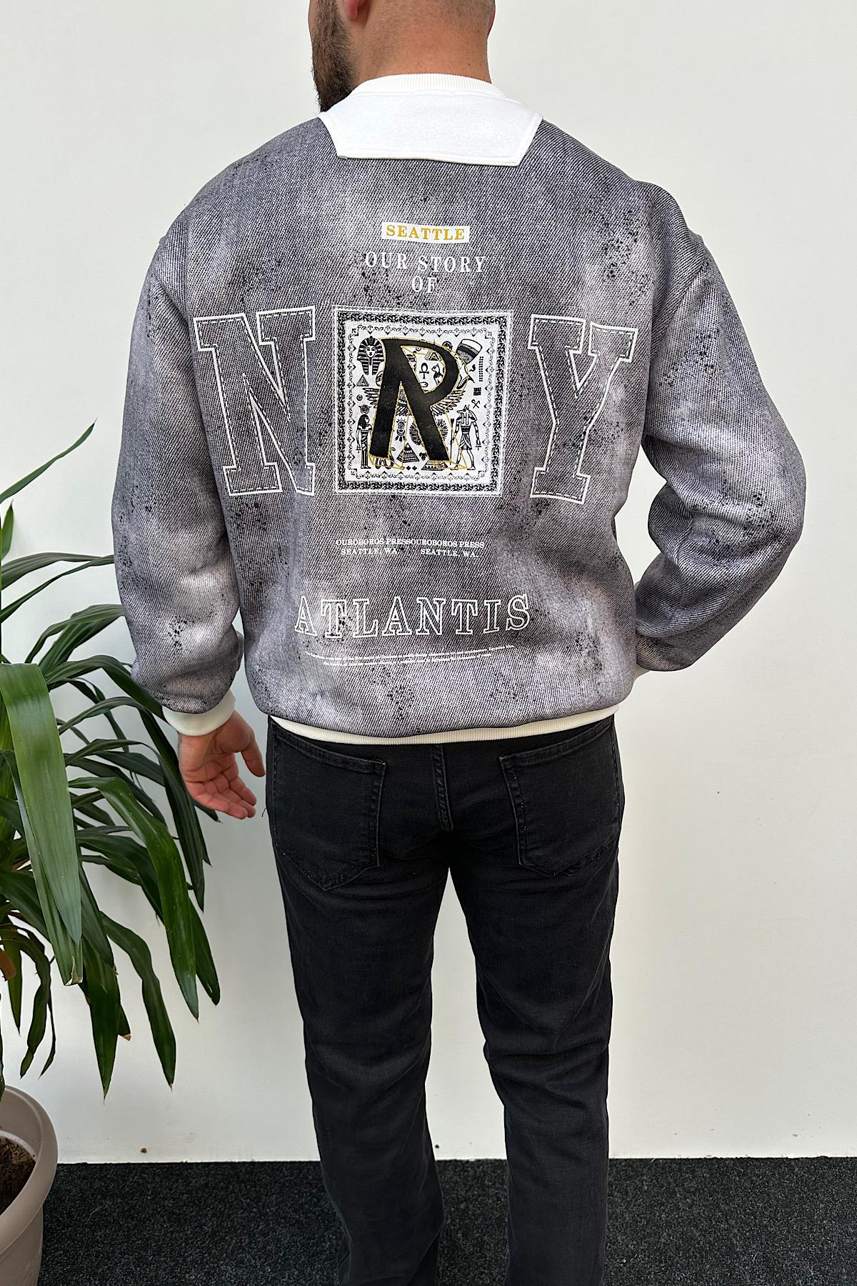 Boyalı Gri Baskılı Sweatshirt