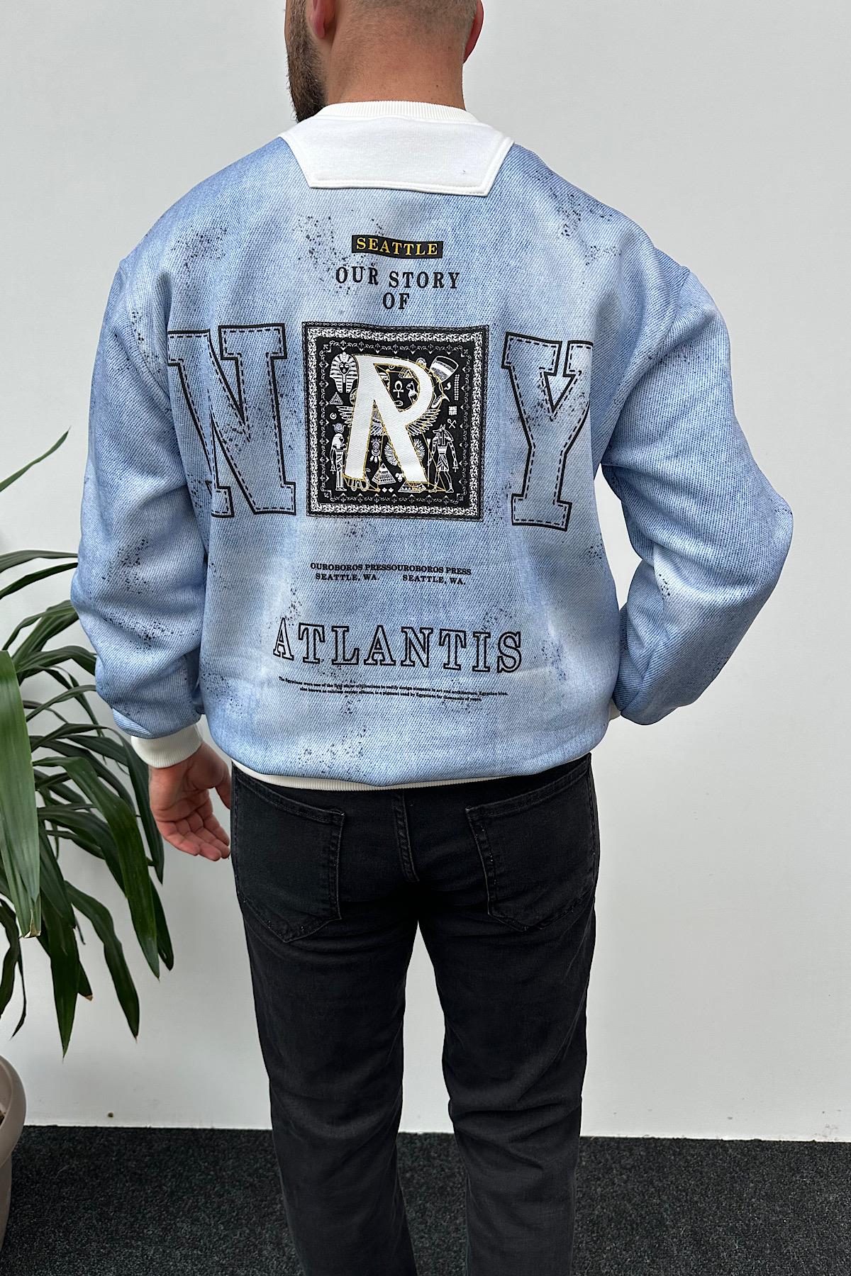 Boyalı Mavi Baskılı Sweatshirt