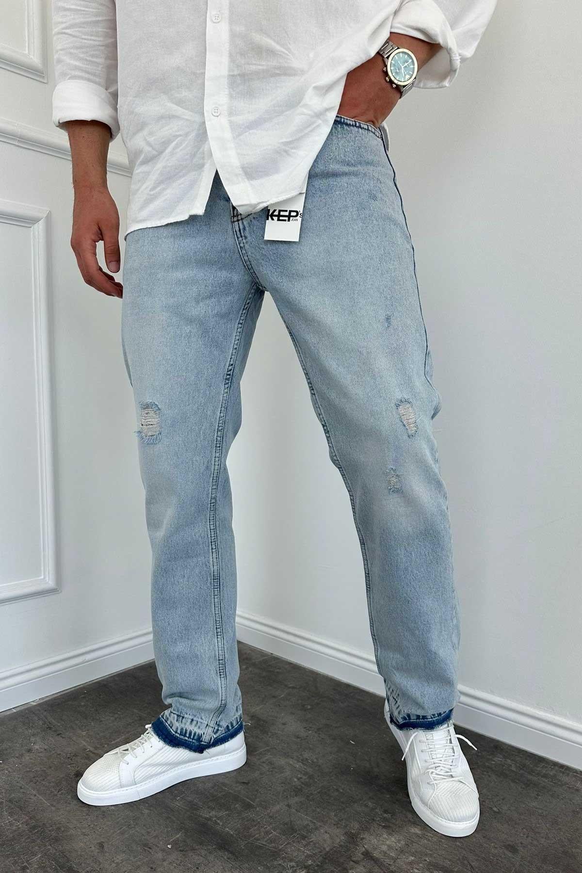 Buz Mavi Paça Detaylı Baggy Jean