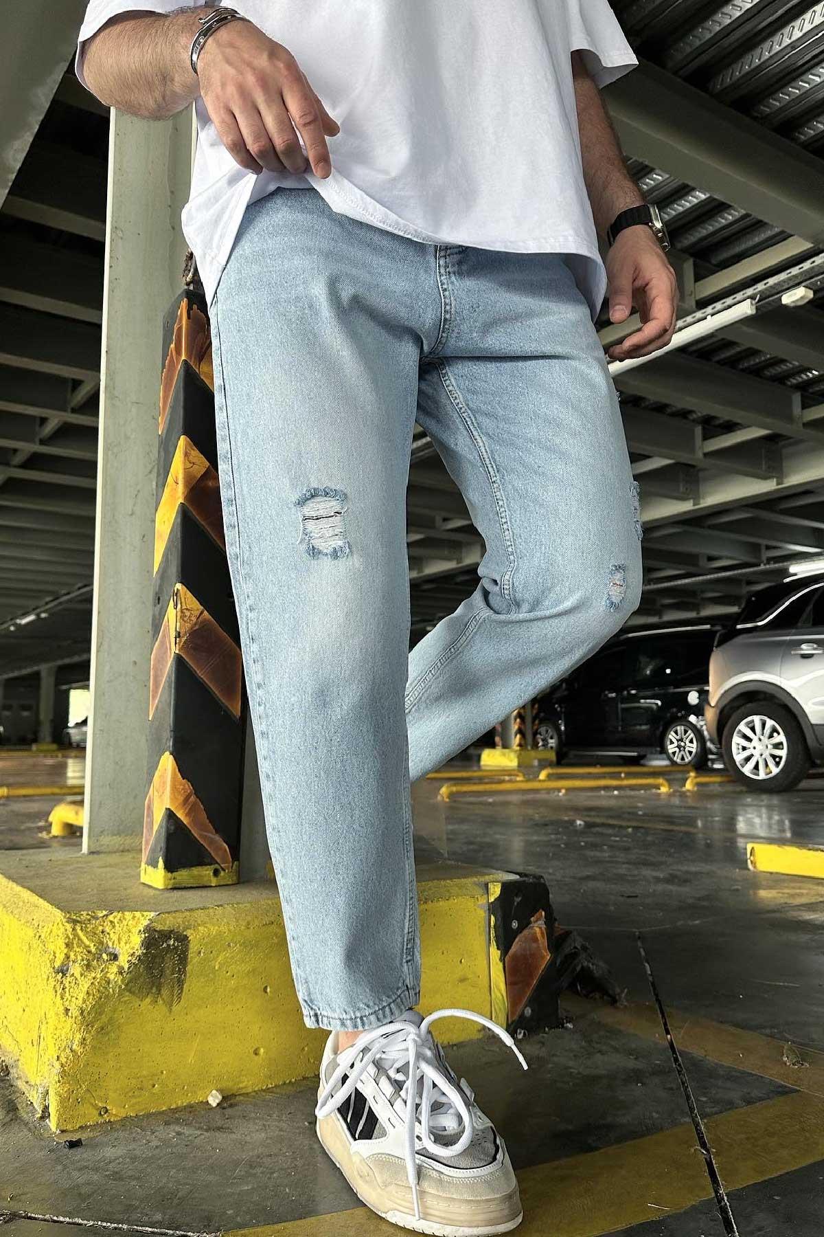 Buz Mavisi Boyfriend Yırtık Jean