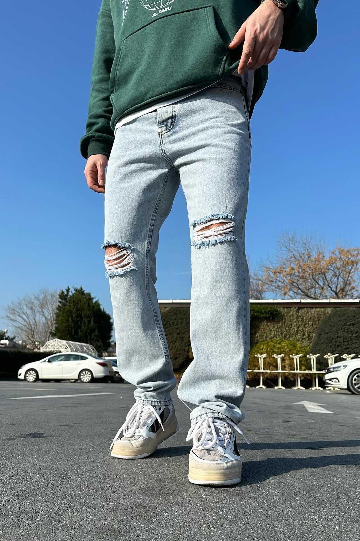 Buz Mavisi Dizi Yırtık Baggy Jean