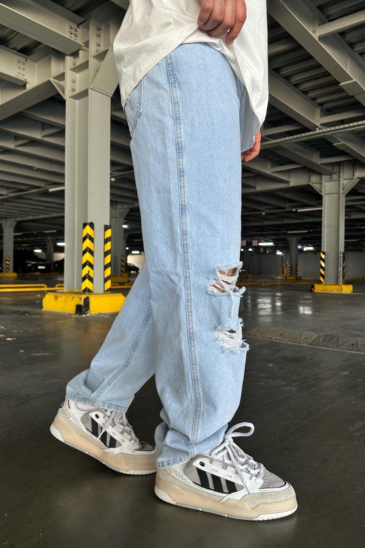Buz Mavisi Yırtık Baggy Jean