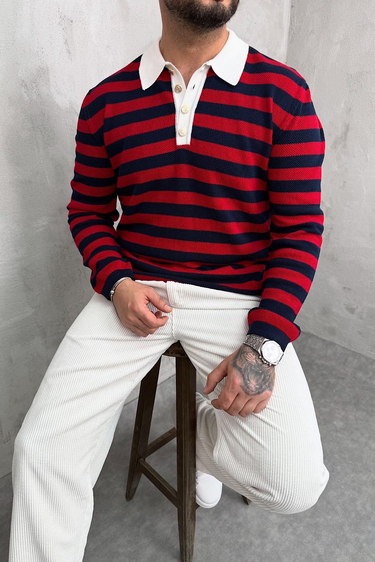 Çizgili Gold Düğmeli Polo Yaka Sweat