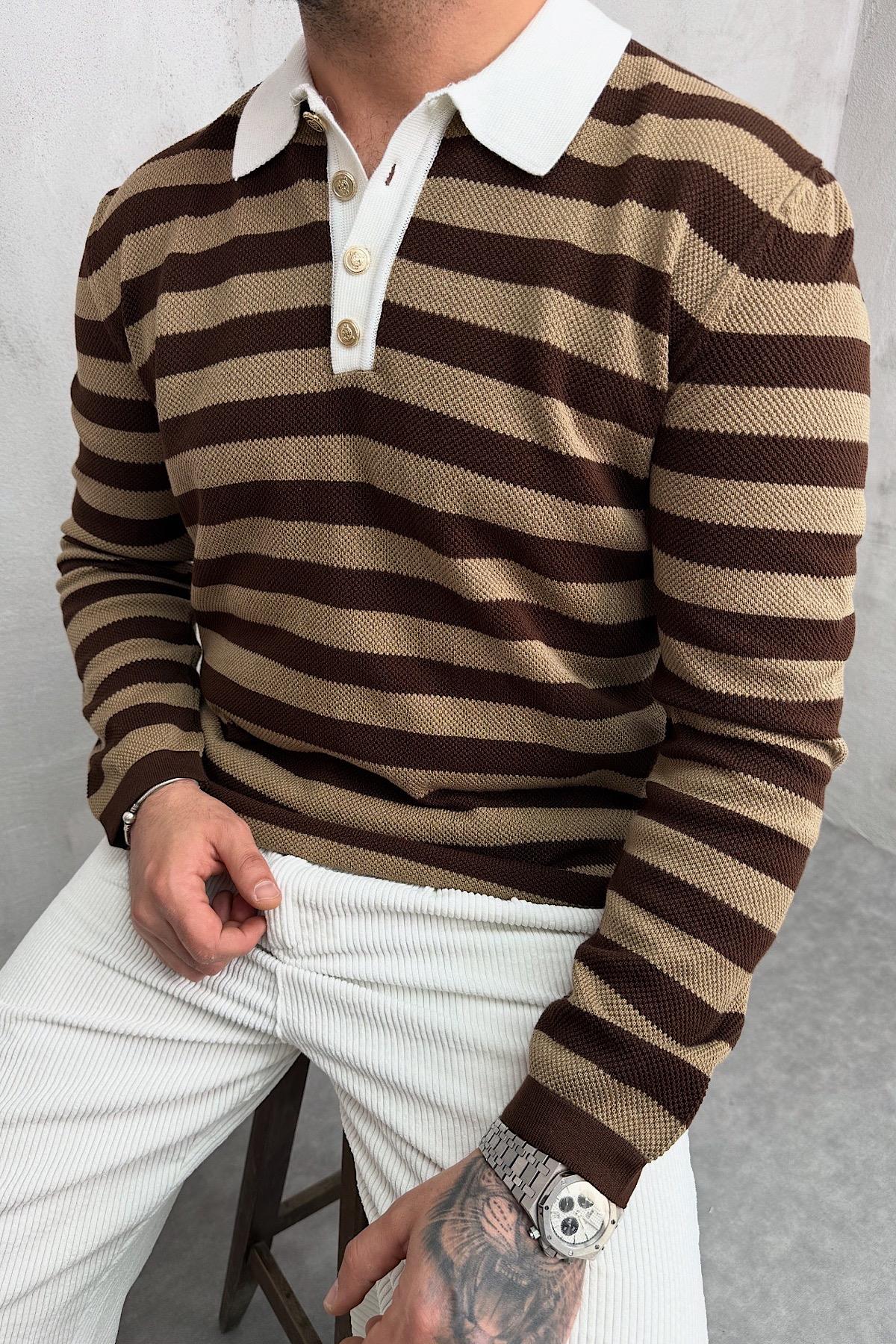 Çizgili Gold Düğmeli Polo Yaka Sweat