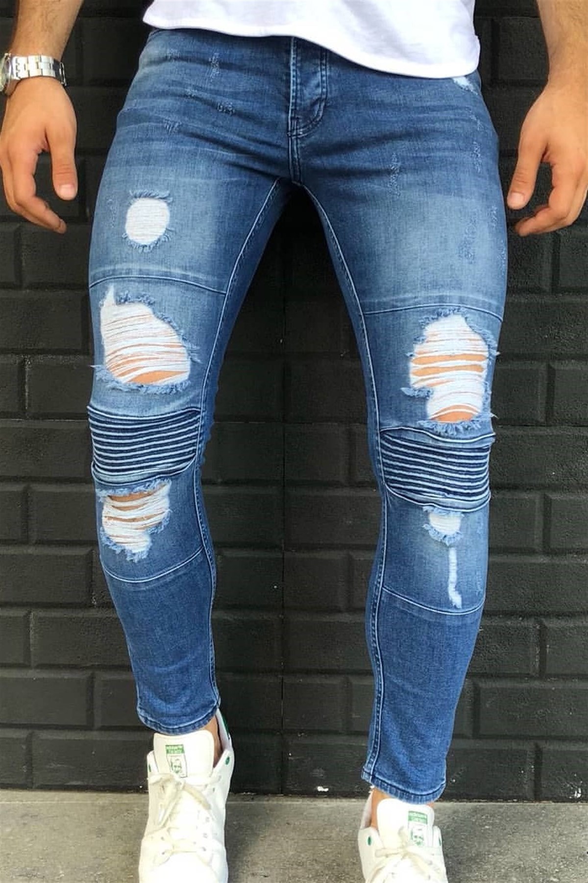 Diz Model Yırtık Detay Skinny Jeans Mavi