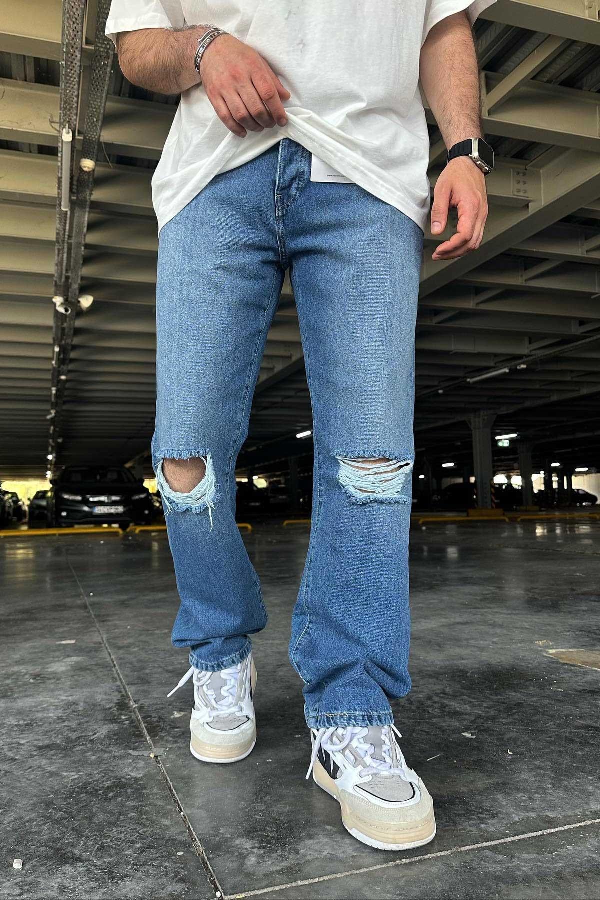 Dizi Yırtık Mavi Baggy Jean 