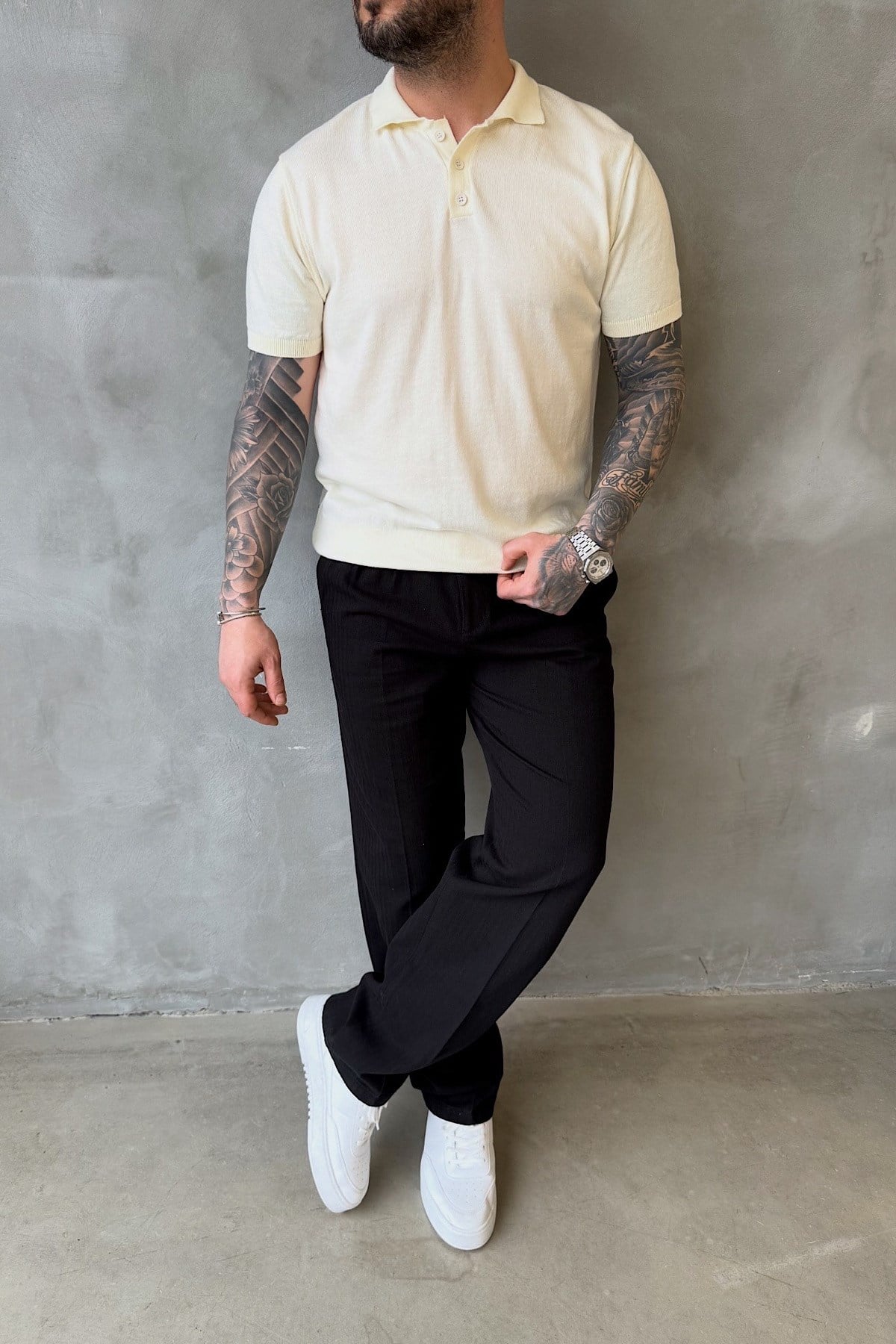 Ekru Basic Düğmeli Polo Yaka T-Shirt