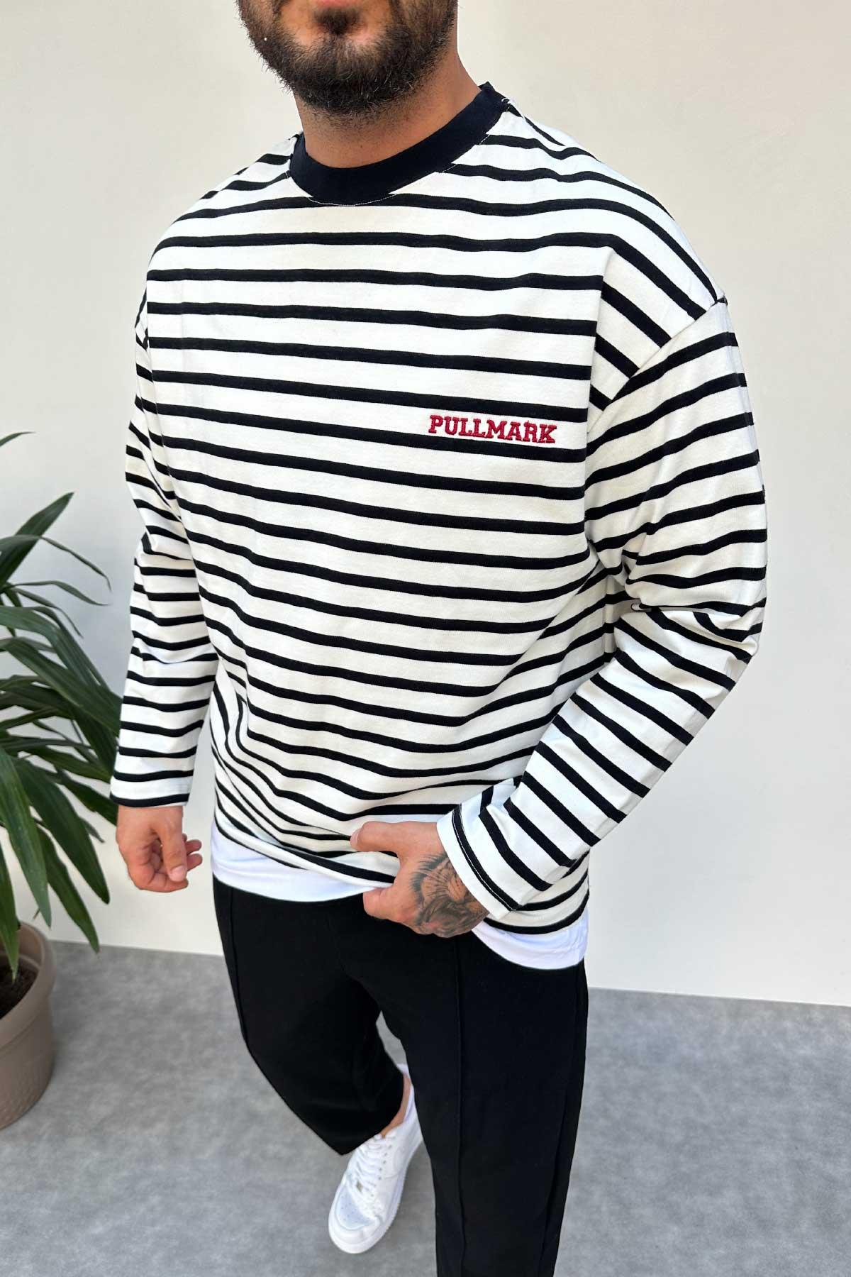 Ekru Çizgili Oversize Sweat