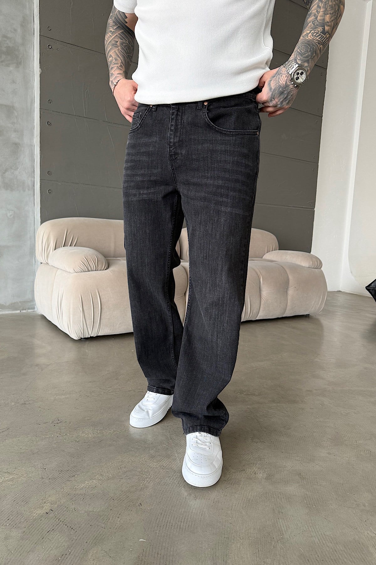 Füme Eskitme Detaylı Baggy Jean