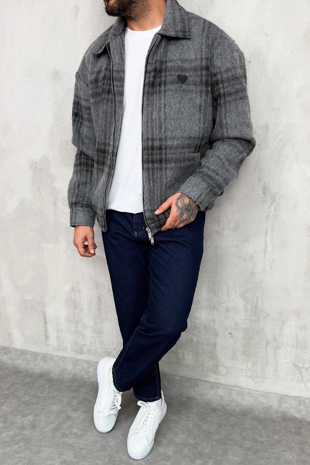 Gri Ekose Kaşe Ceket