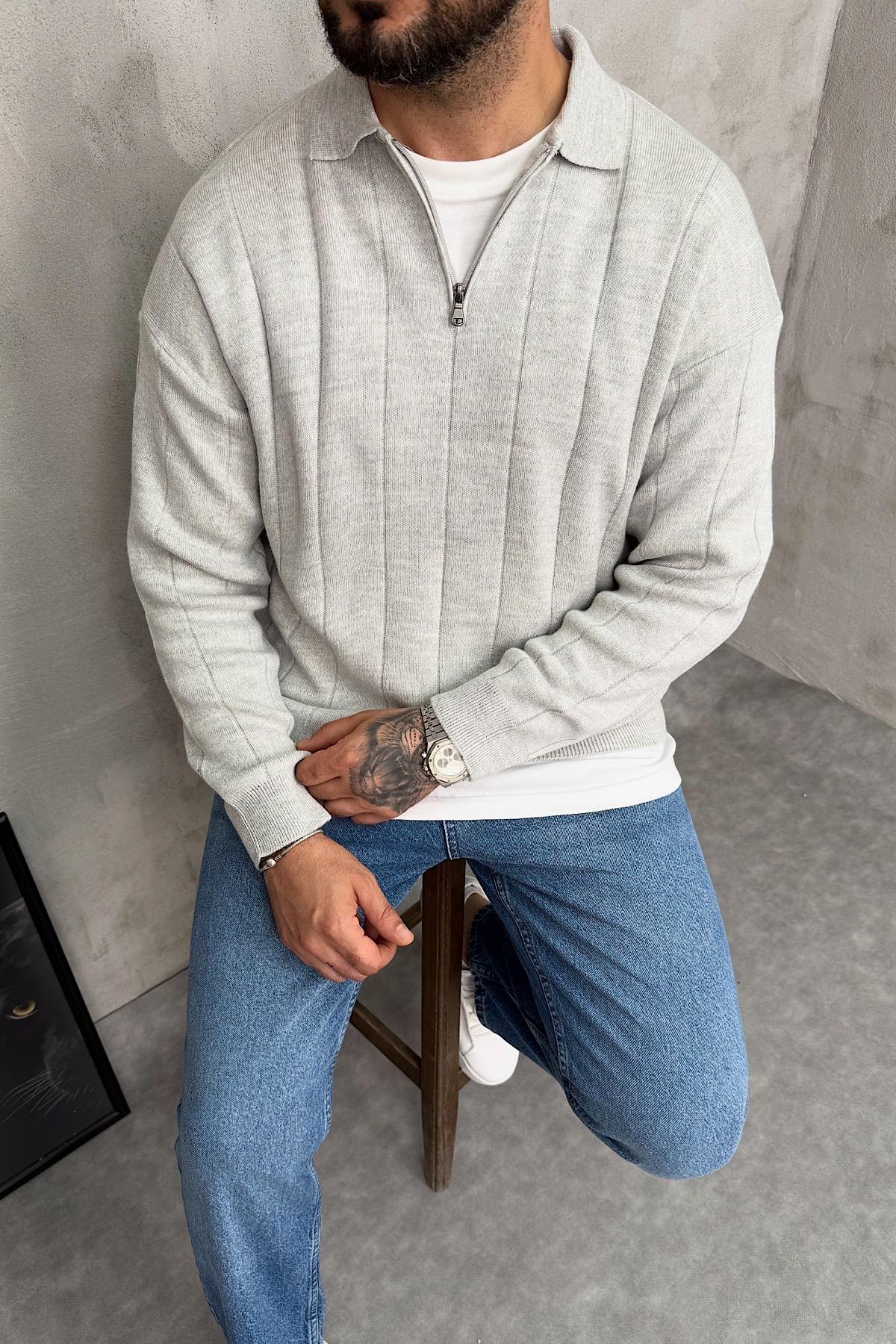 Gri Fermuarlı Polo Yaka Triko