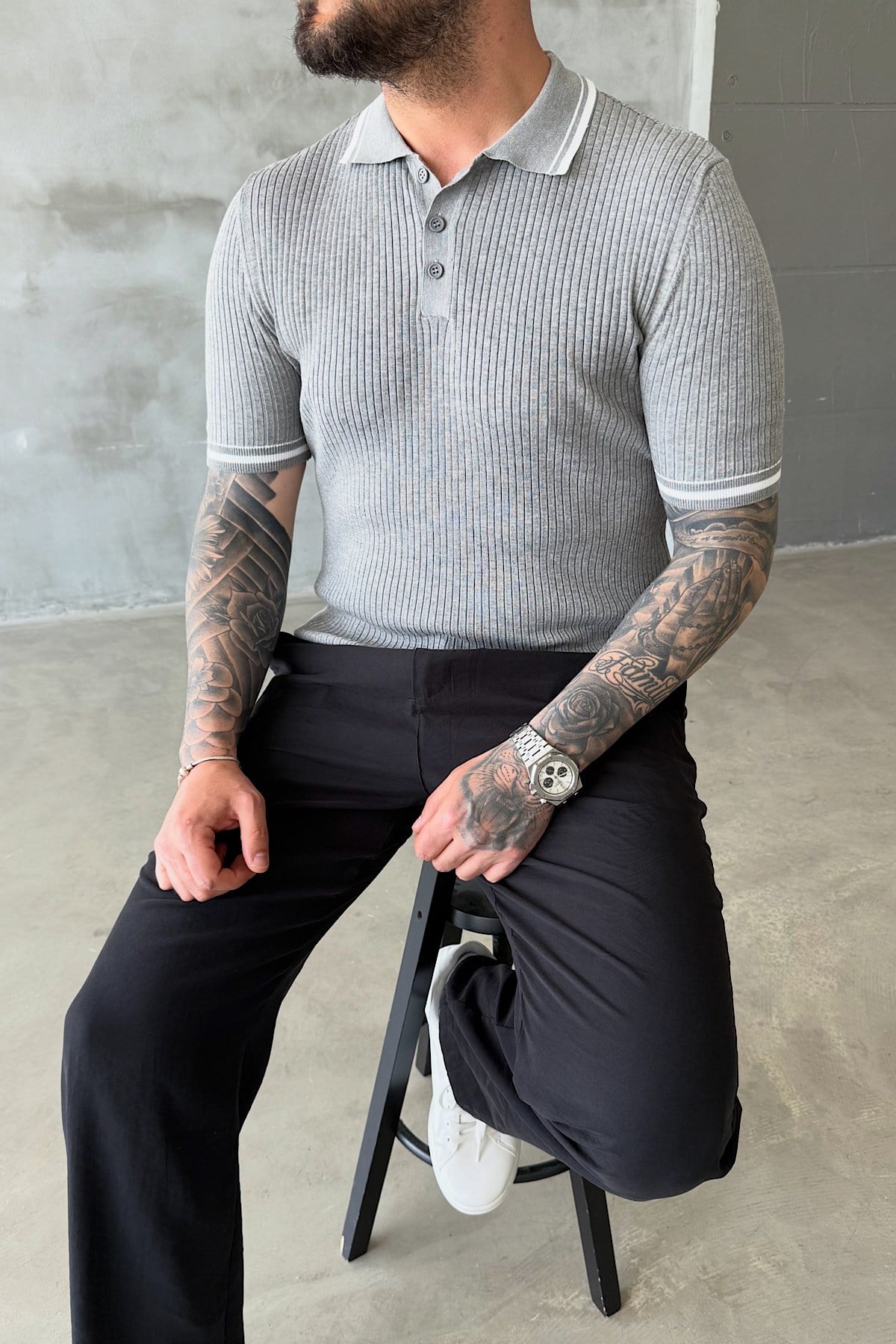Gri Fitilli Polo Yaka T-Shirt
