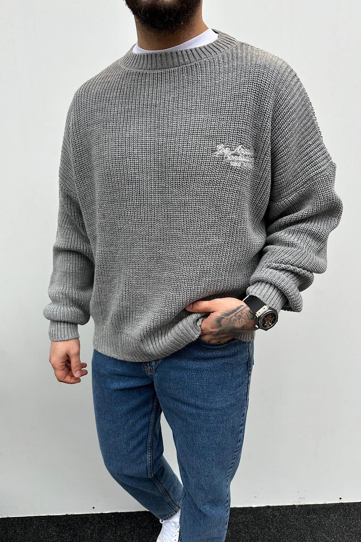 Gri Oversize Örme Triko Kazak