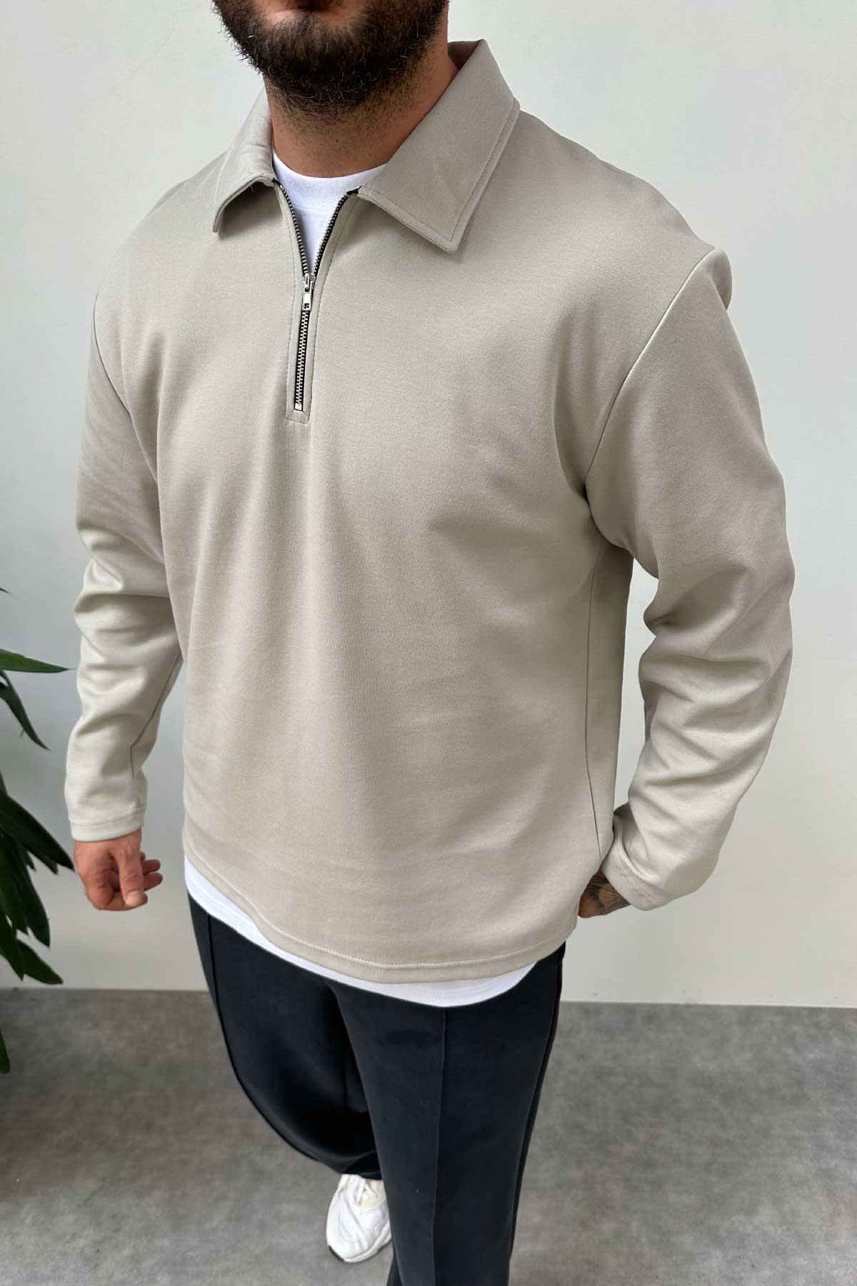 Gri Oversize Yarım Fermuarlı Sweatshirt